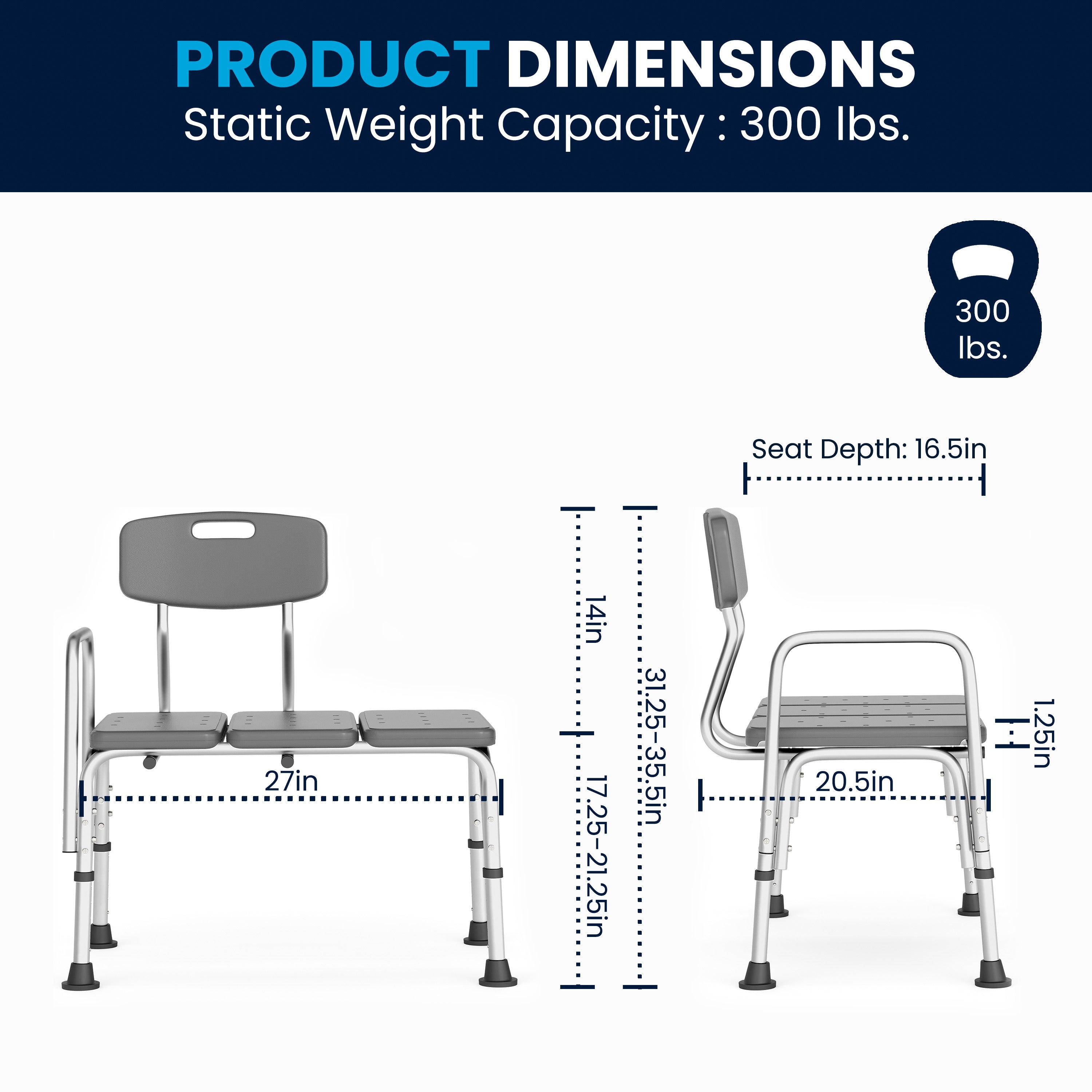 HERCULES Series 300 Lb. Capacity Adjustable Gray Bath & Shower Transfer Bench with Back and Side Arm