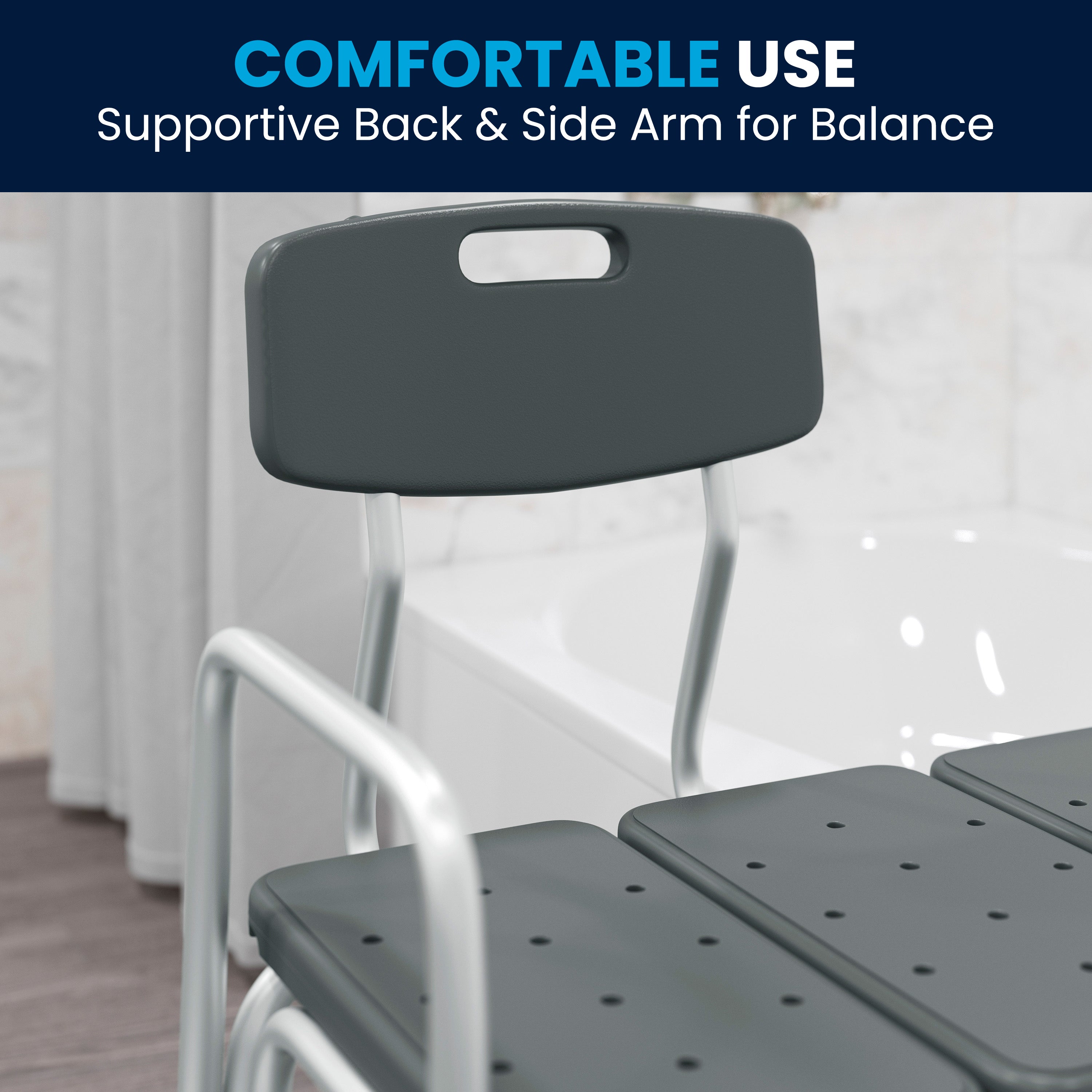 HERCULES Series 300 Lb. Capacity Adjustable Gray Bath & Shower Transfer Bench with Back and Side Arm