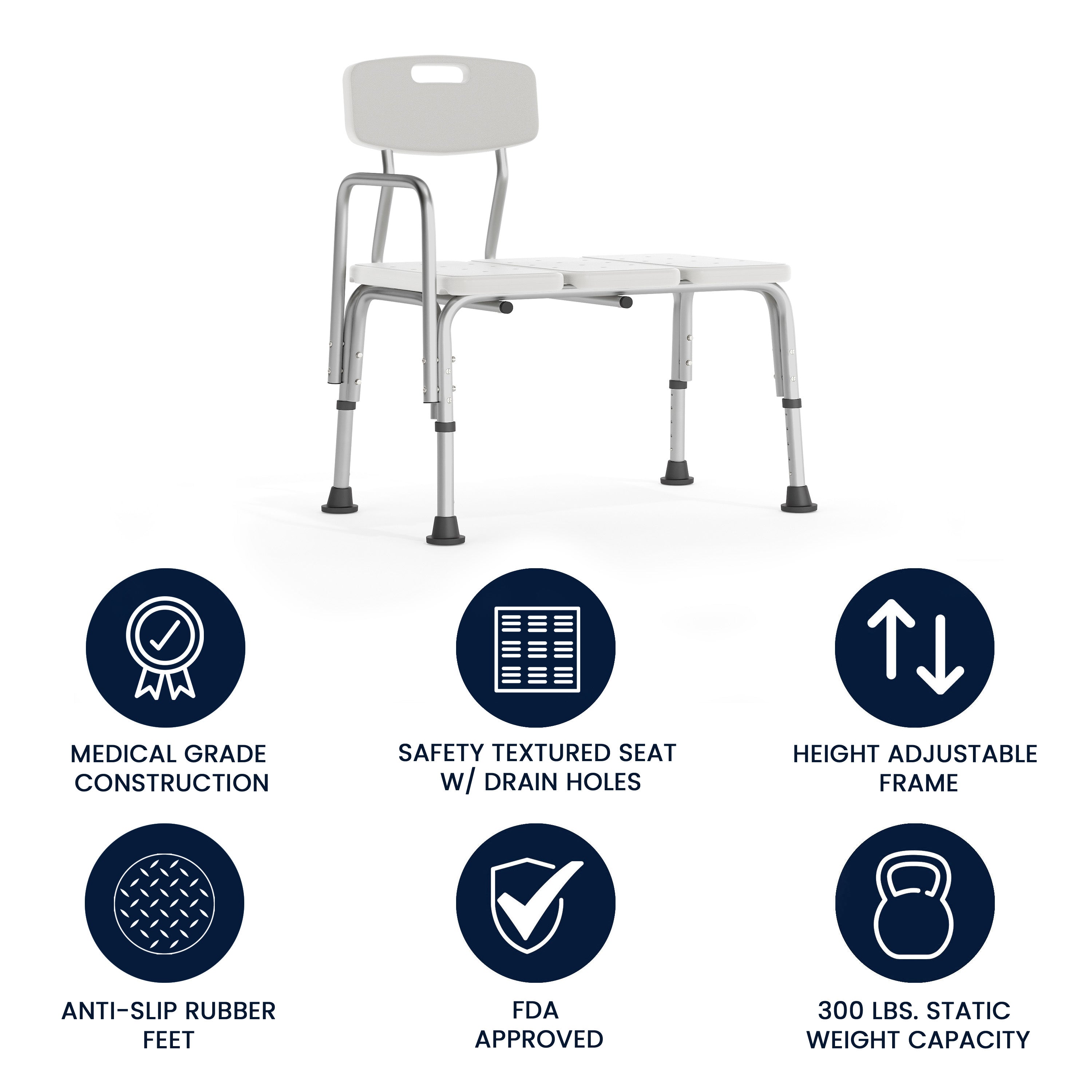 HERCULES Series 300 Lb. Capacity Adjustable White Bath & Shower Transfer Bench with Back and Side Arm