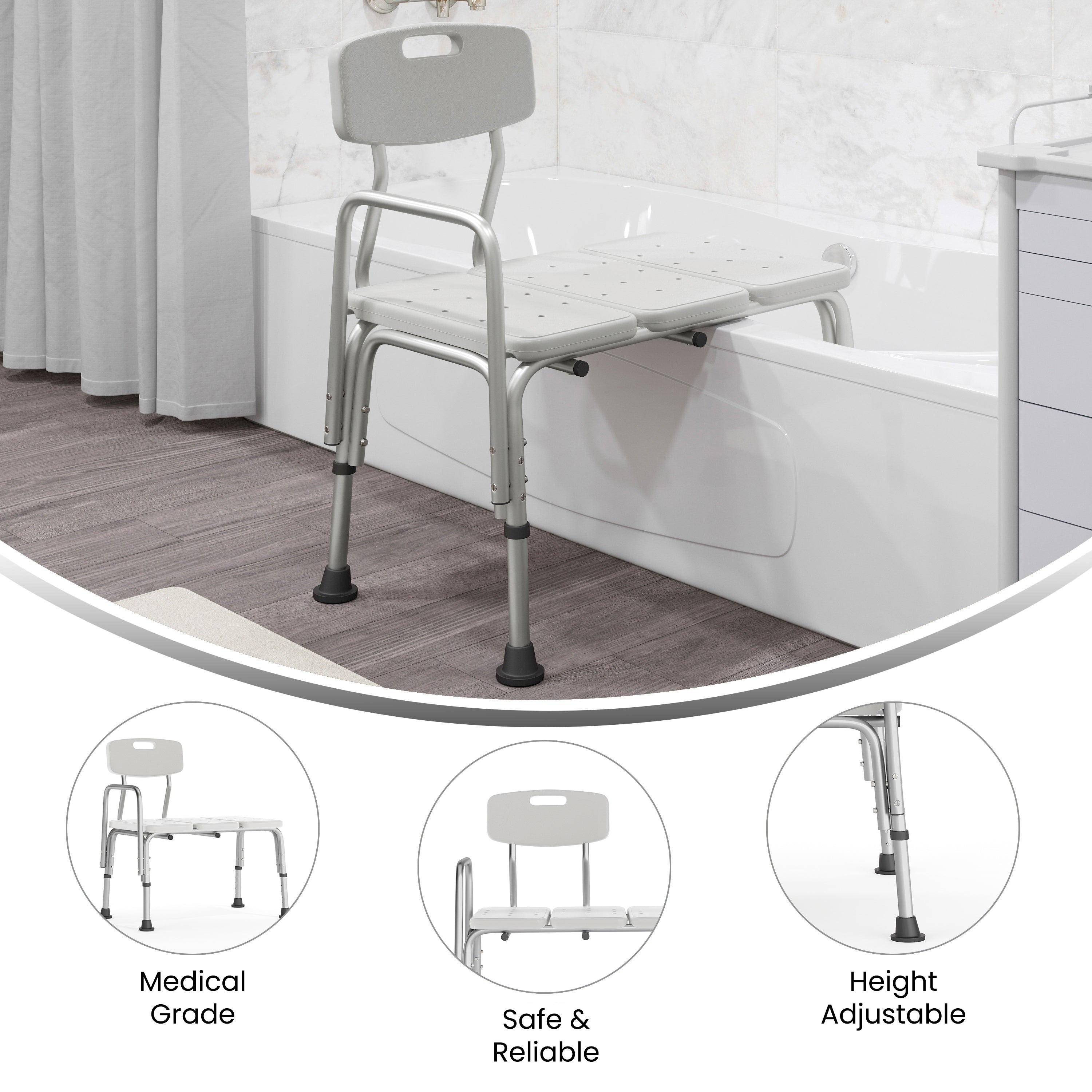 HERCULES Series 300 Lb. Capacity Adjustable White Bath & Shower Transfer Bench with Back and Side Arm