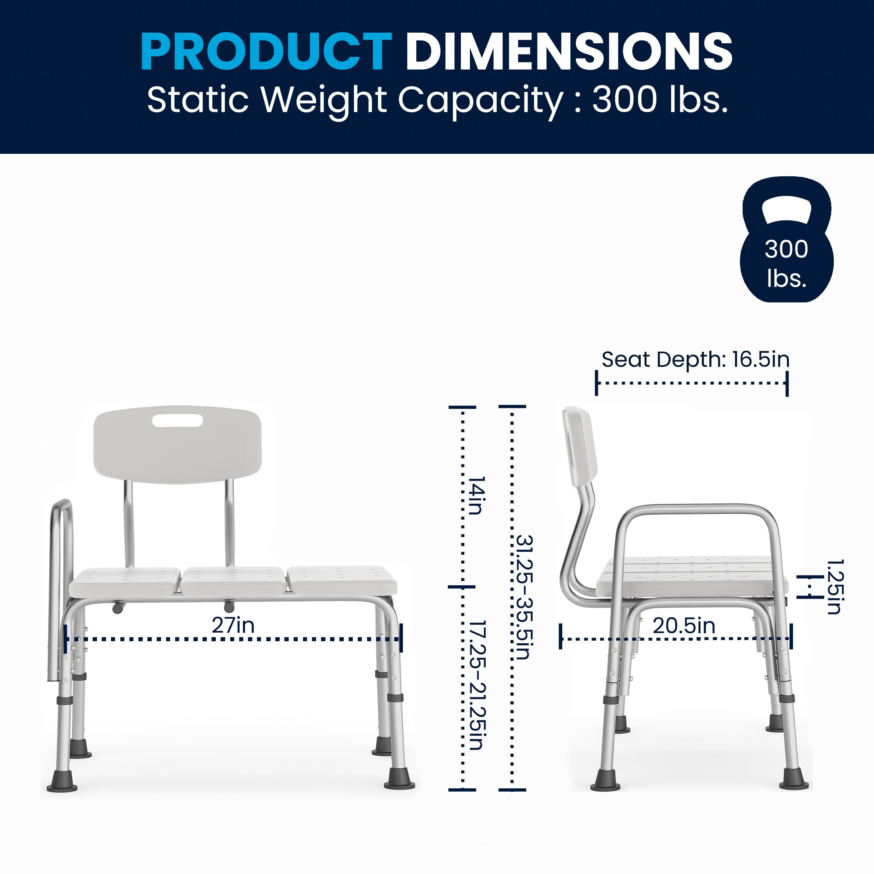HERCULES Series 300 Lb. Capacity Adjustable White Bath & Shower Transfer Bench with Back and Side Arm