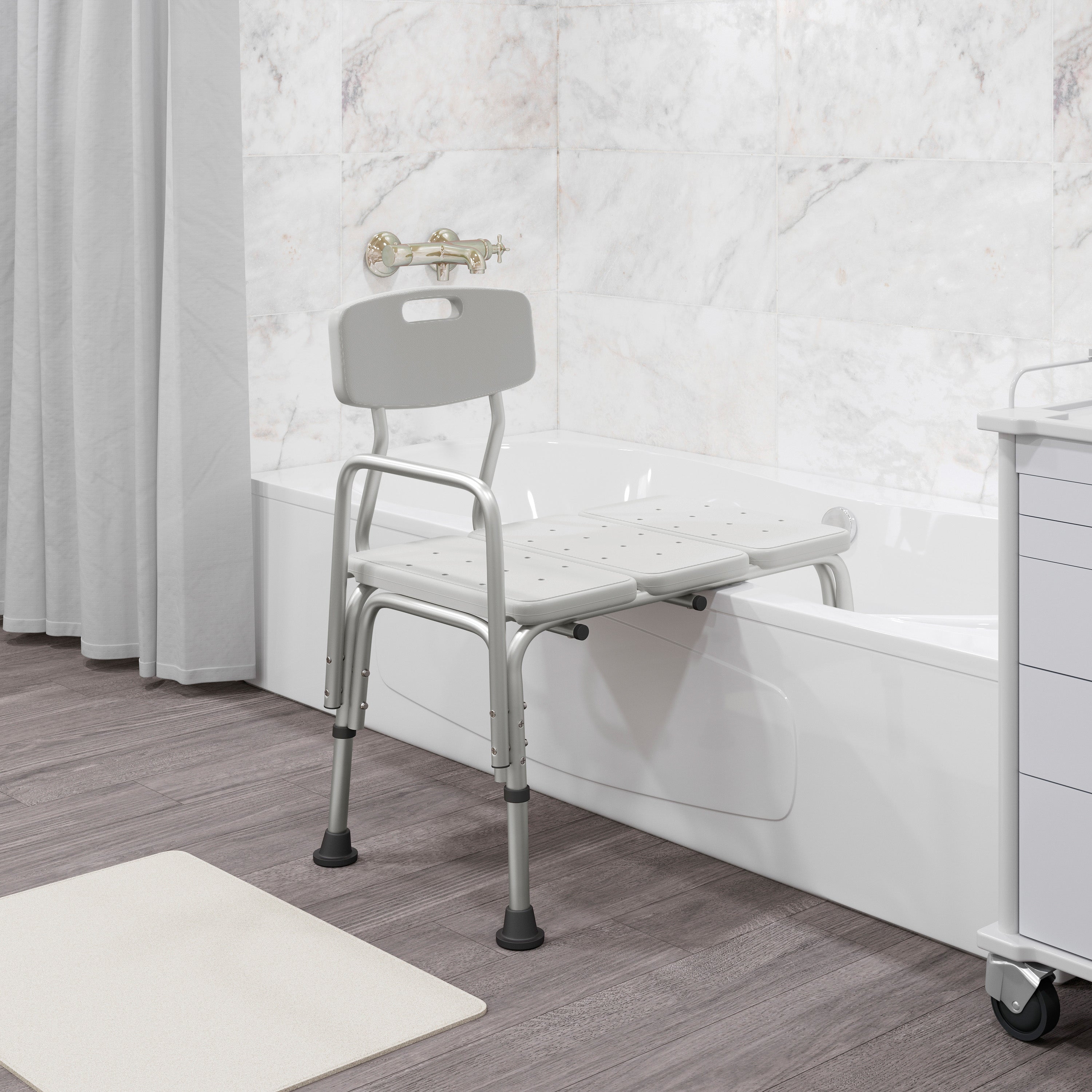 HERCULES Series 300 Lb. Capacity Adjustable White Bath & Shower Transfer Bench with Back and Side Arm