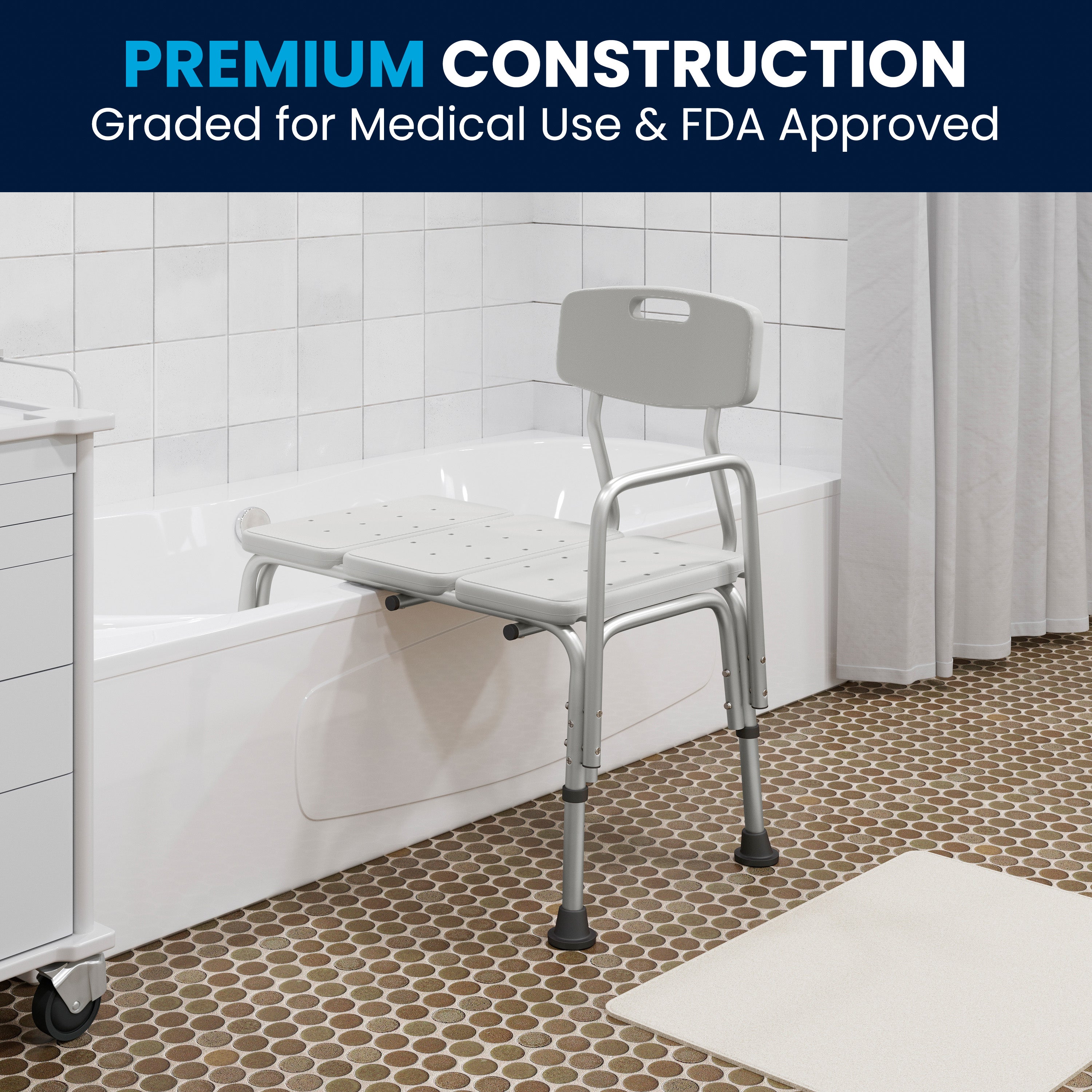 HERCULES Series 300 Lb. Capacity Adjustable White Bath & Shower Transfer Bench with Back and Side Arm