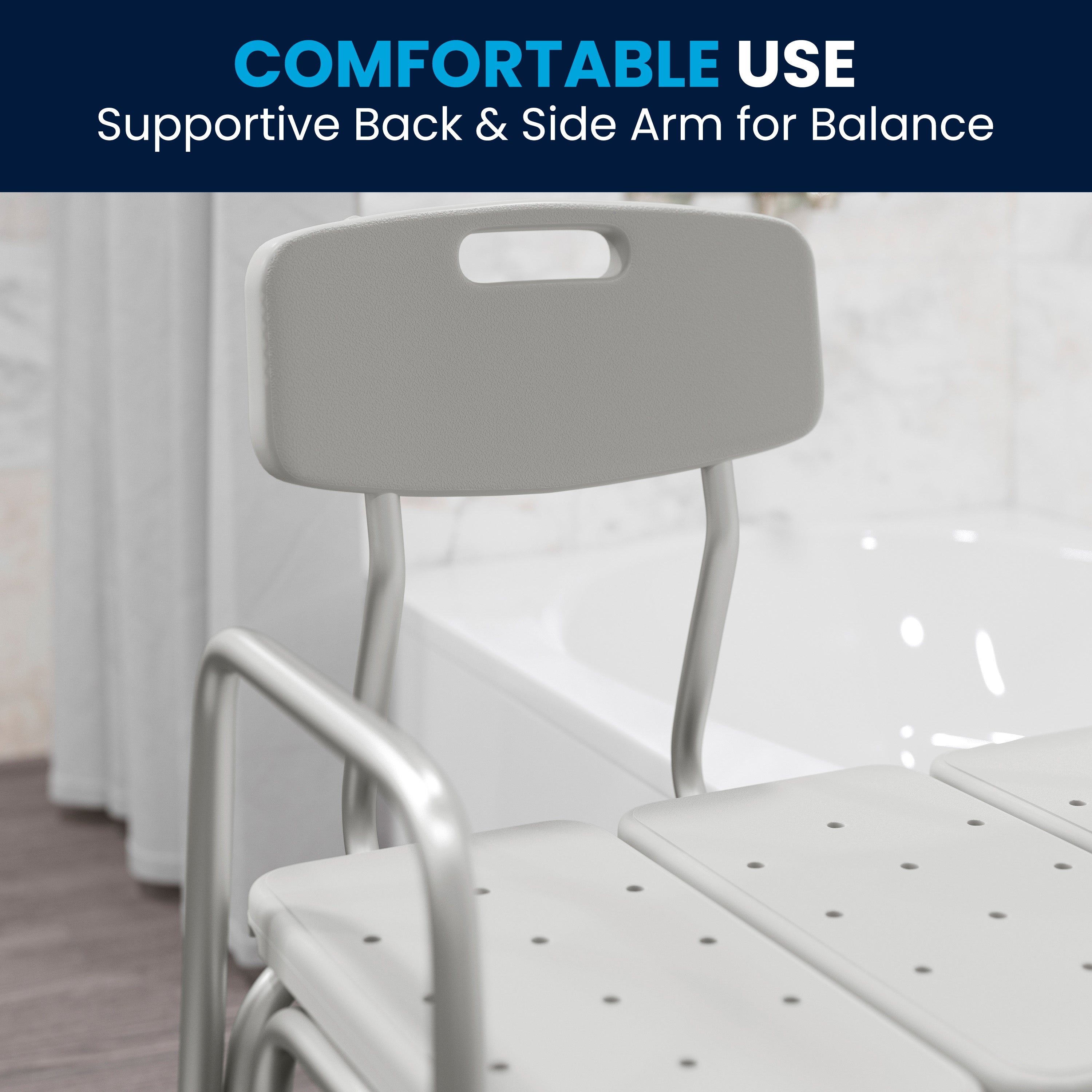 HERCULES Series 300 Lb. Capacity Adjustable White Bath & Shower Transfer Bench with Back and Side Arm