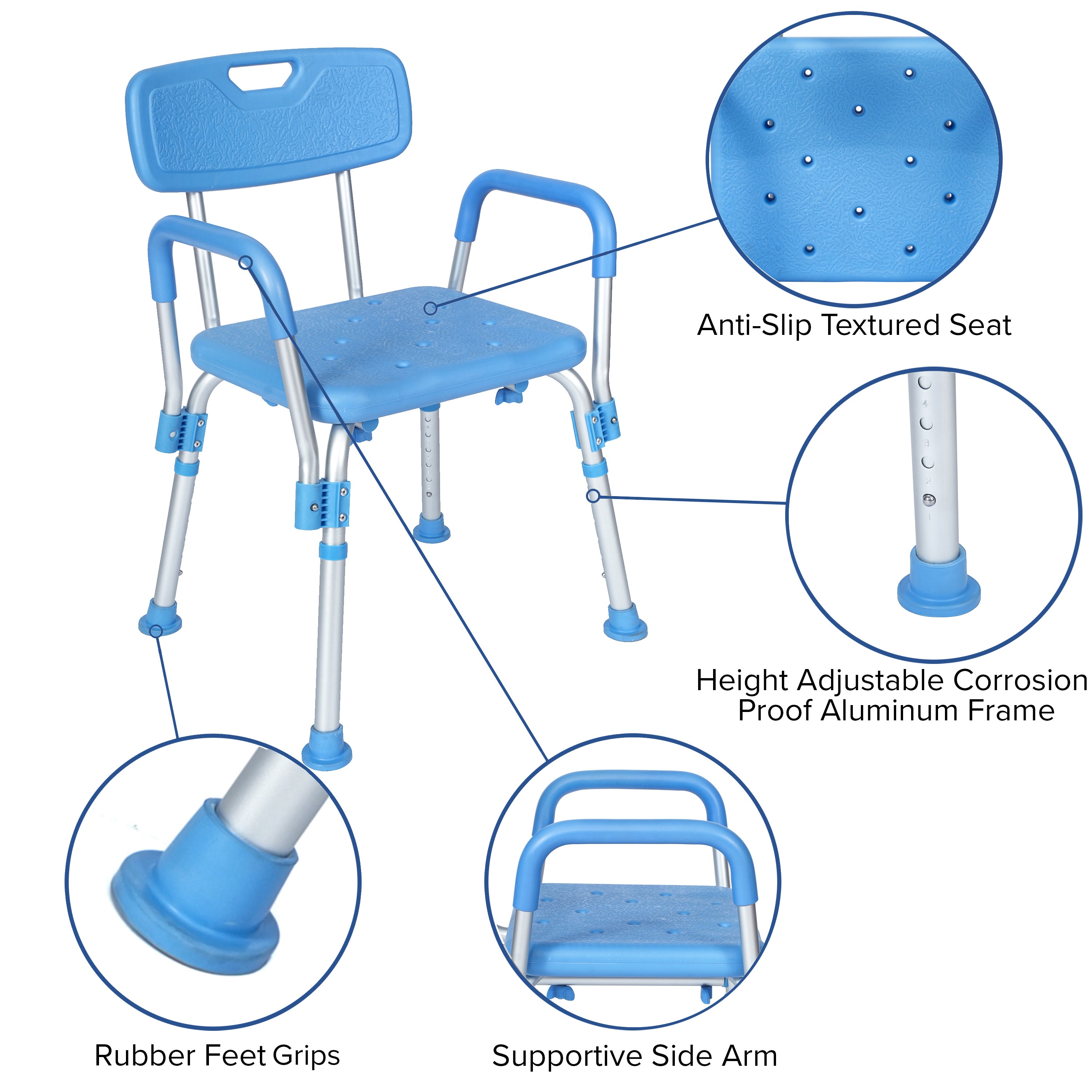 HERCULES Adjustable Bath & Shower Chair with Height-Adjust Frame, Depth-Adjust Back, and 300 lbs. Static Weight Capacity in Blue
