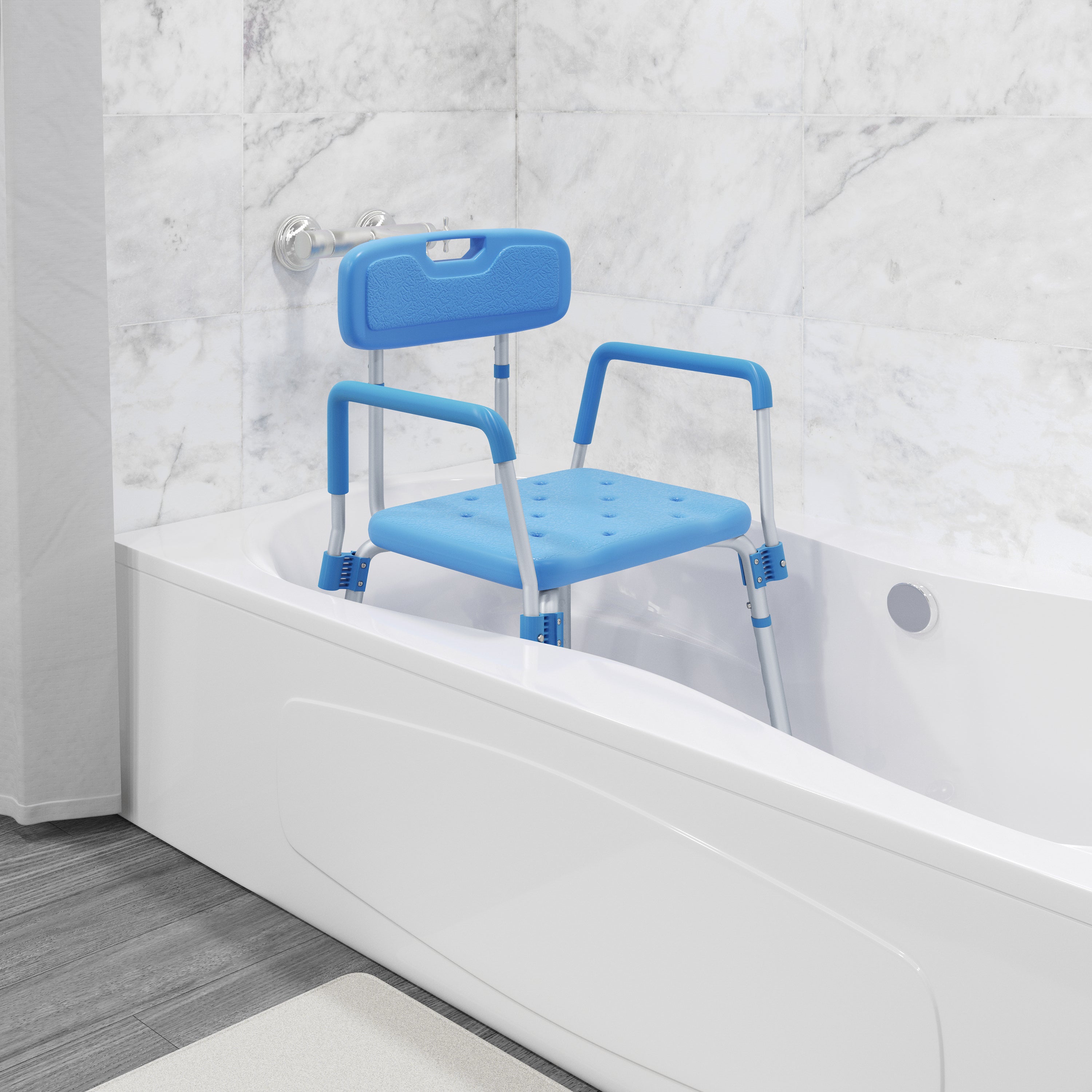 HERCULES Adjustable Bath & Shower Chair with Height-Adjust Frame, Depth-Adjust Back, and 300 lbs. Static Weight Capacity in Blue