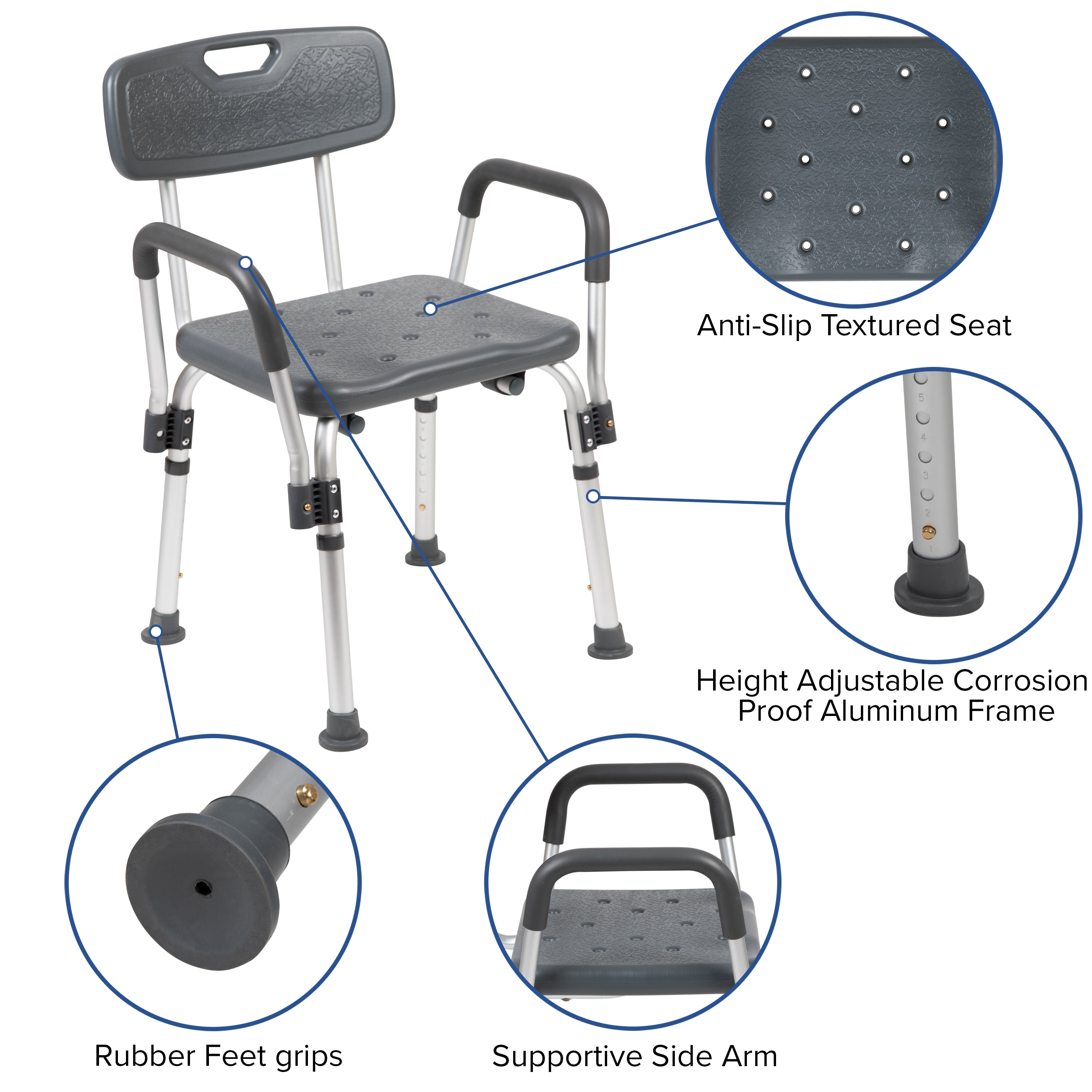 HERCULES Series 300 Lb. Capacity, Adjustable Gray Bath & Shower Chair with Depth Adjustable Back