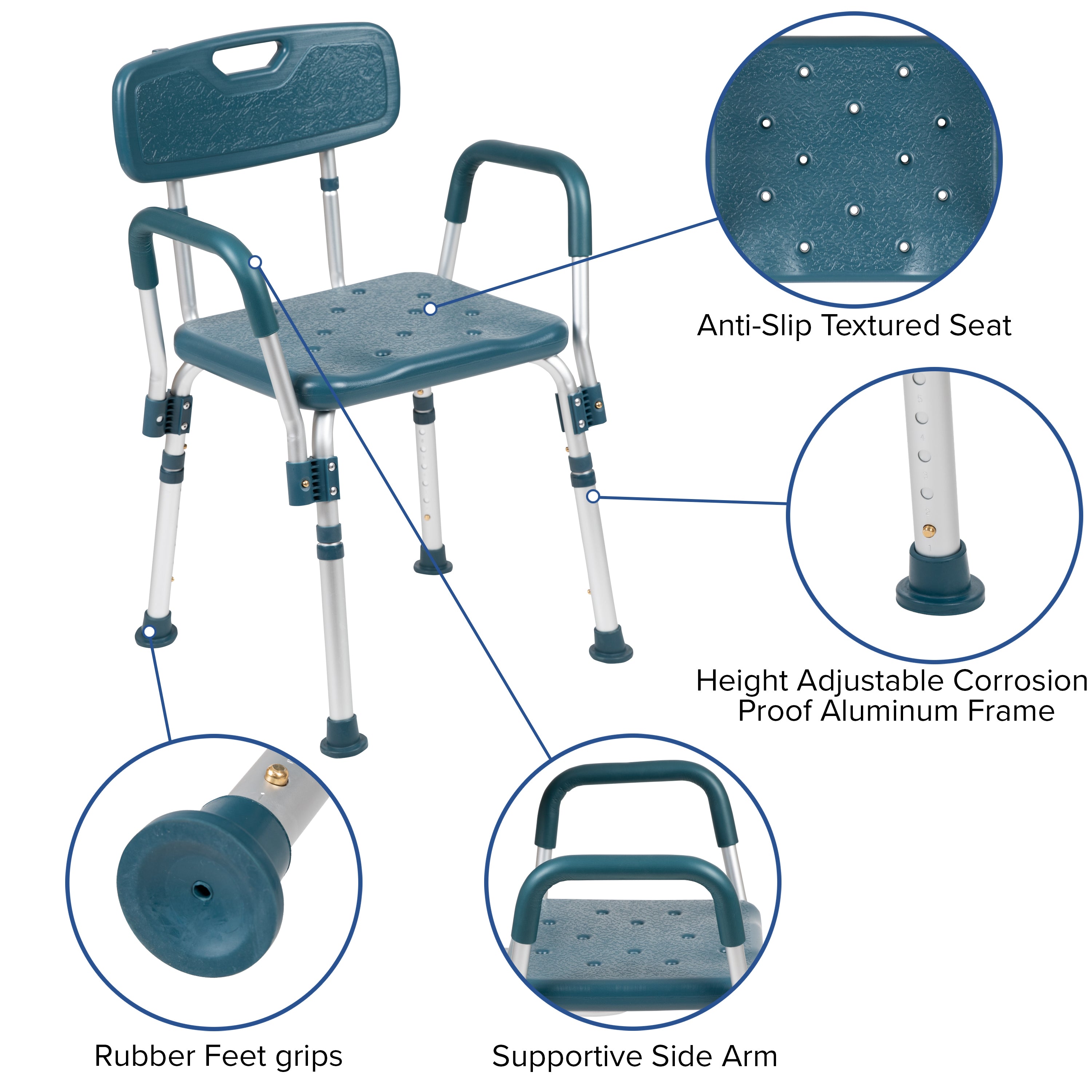 HERCULES Series 300 Lb. Capacity Adjustable Navy Bath & Shower Chair with Quick Release Back & Arms