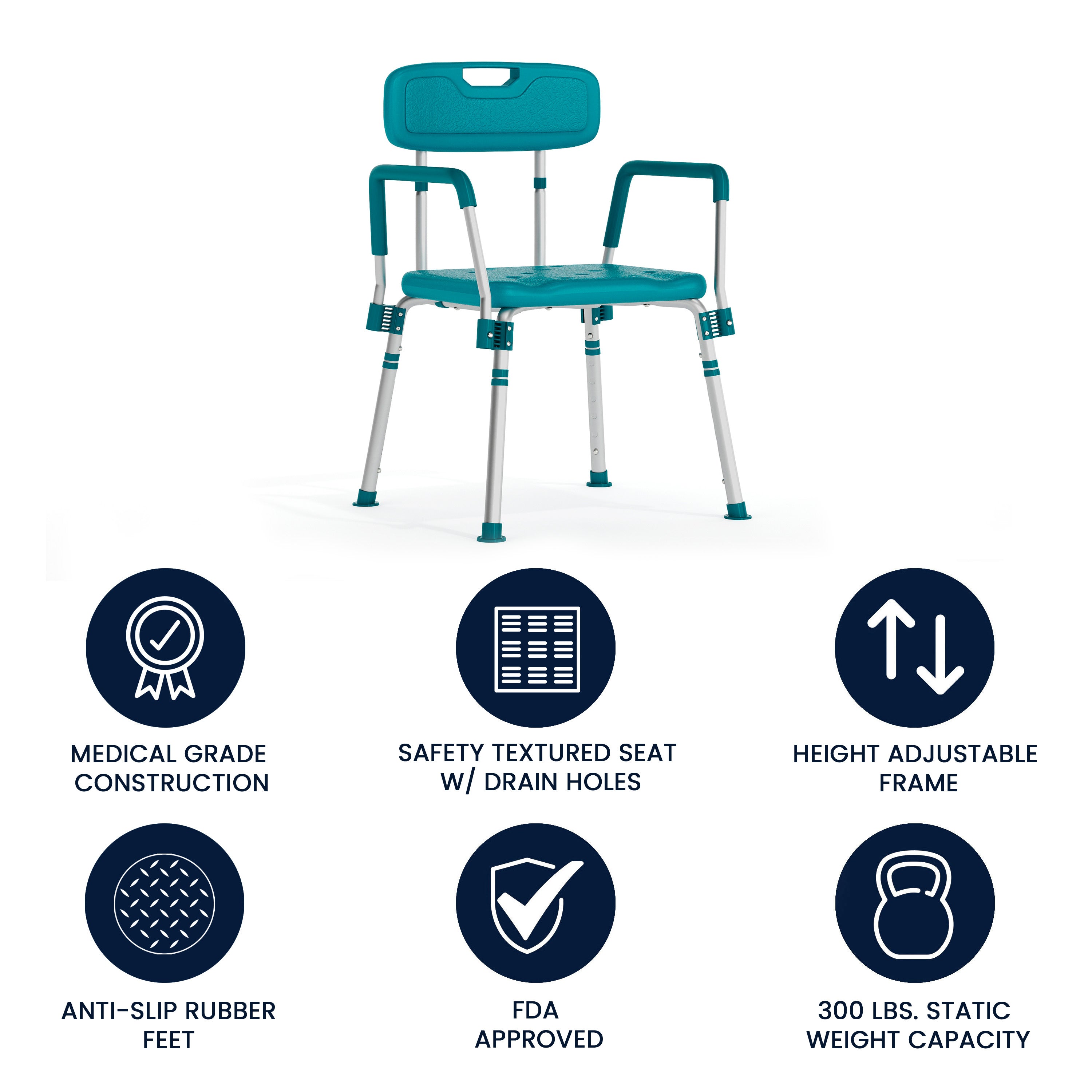 HERCULES Series 300 Lb. Capacity Adjustable Teal Bath & Shower Chair with Quick Release Back & Arms