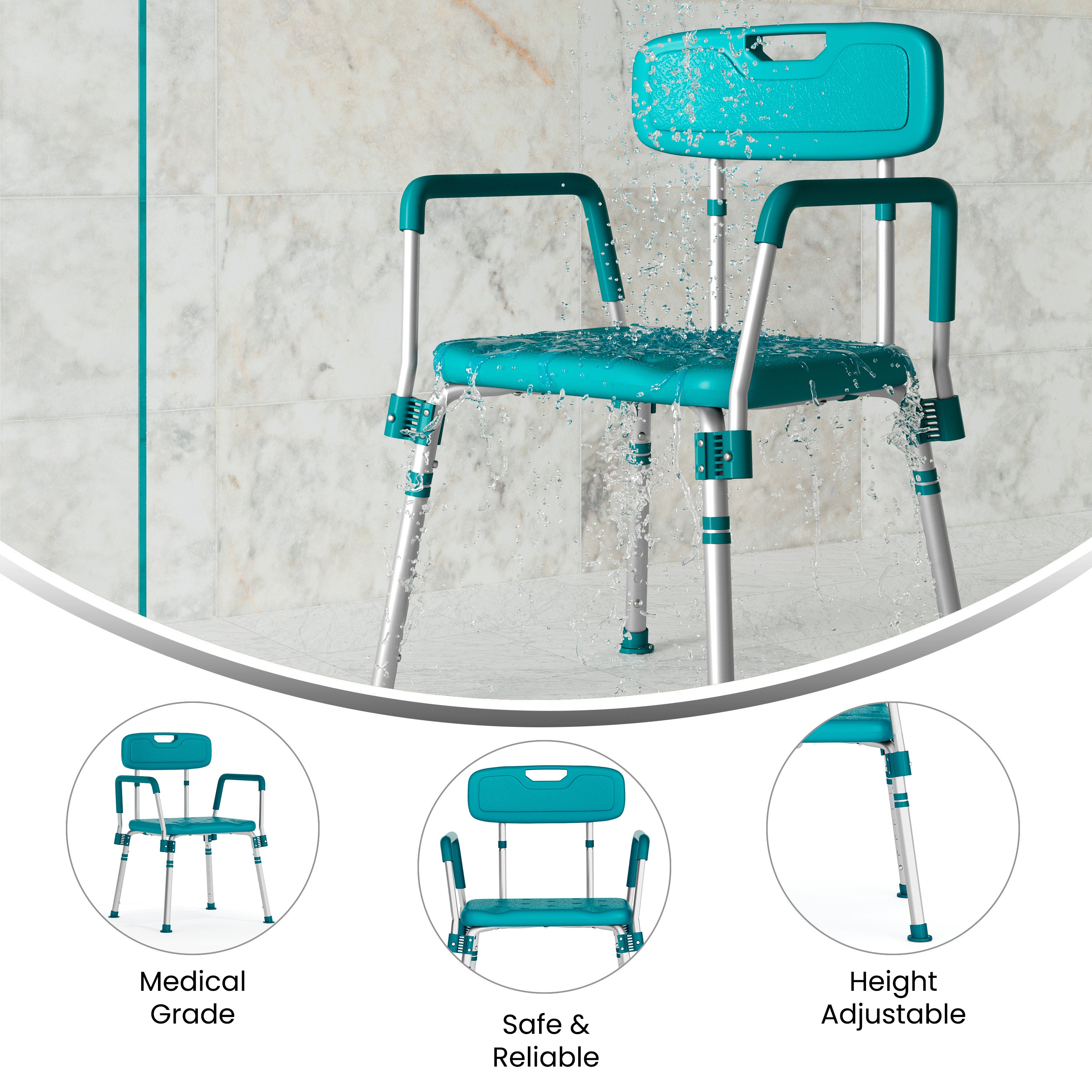 HERCULES Series 300 Lb. Capacity Adjustable Teal Bath & Shower Chair with Quick Release Back & Arms