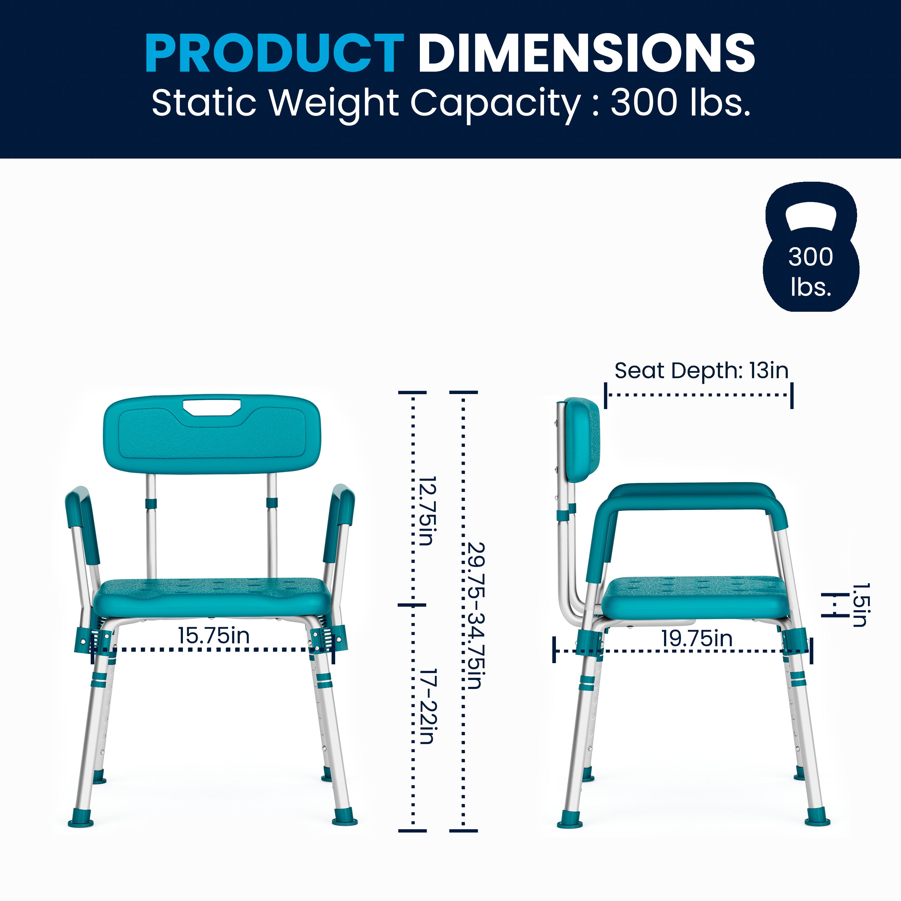 HERCULES Series 300 Lb. Capacity Adjustable Teal Bath & Shower Chair with Quick Release Back & Arms