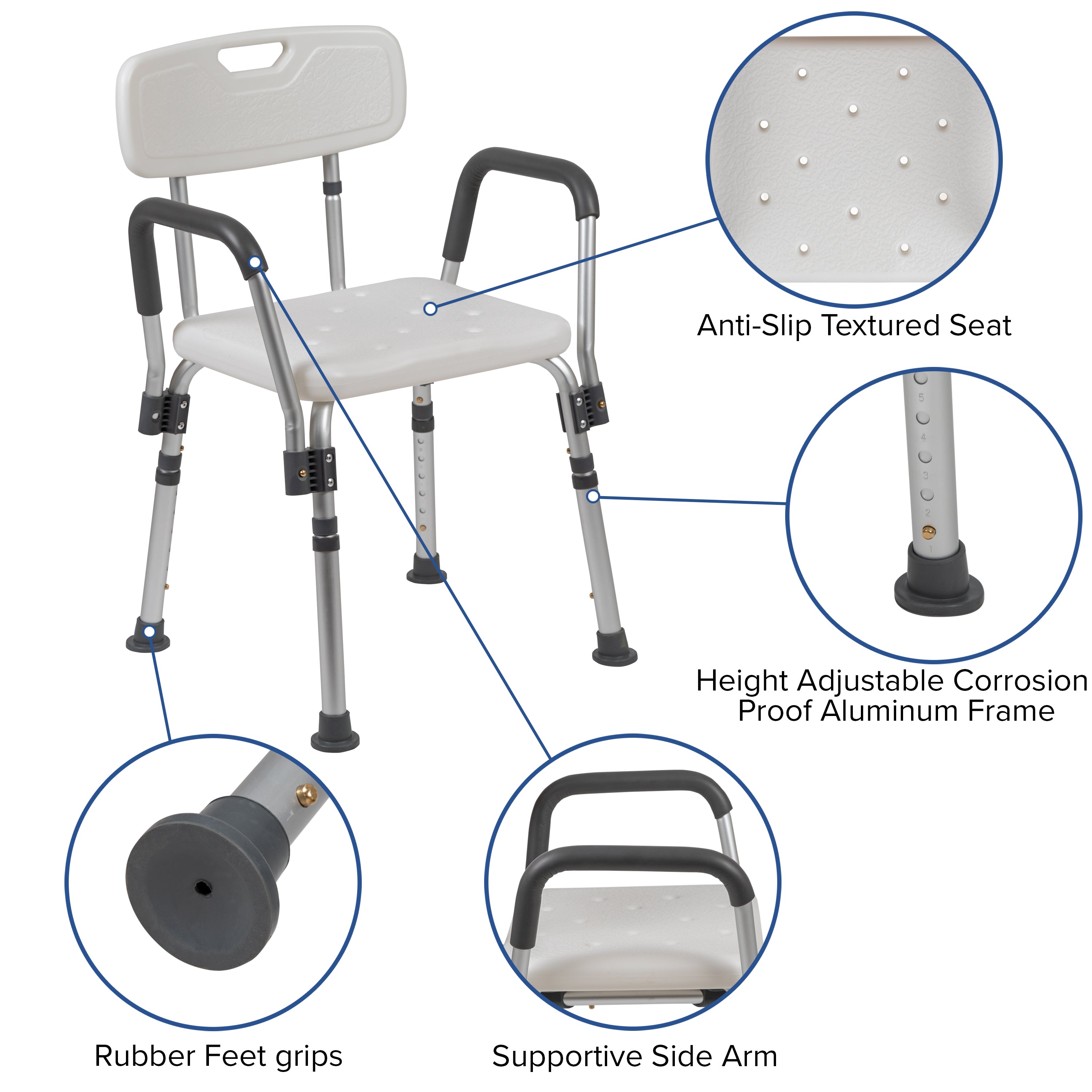 HERCULES Series 300 Lb. Capacity Adjustable White Bath & Shower Chair with Quick Release Back & Arms