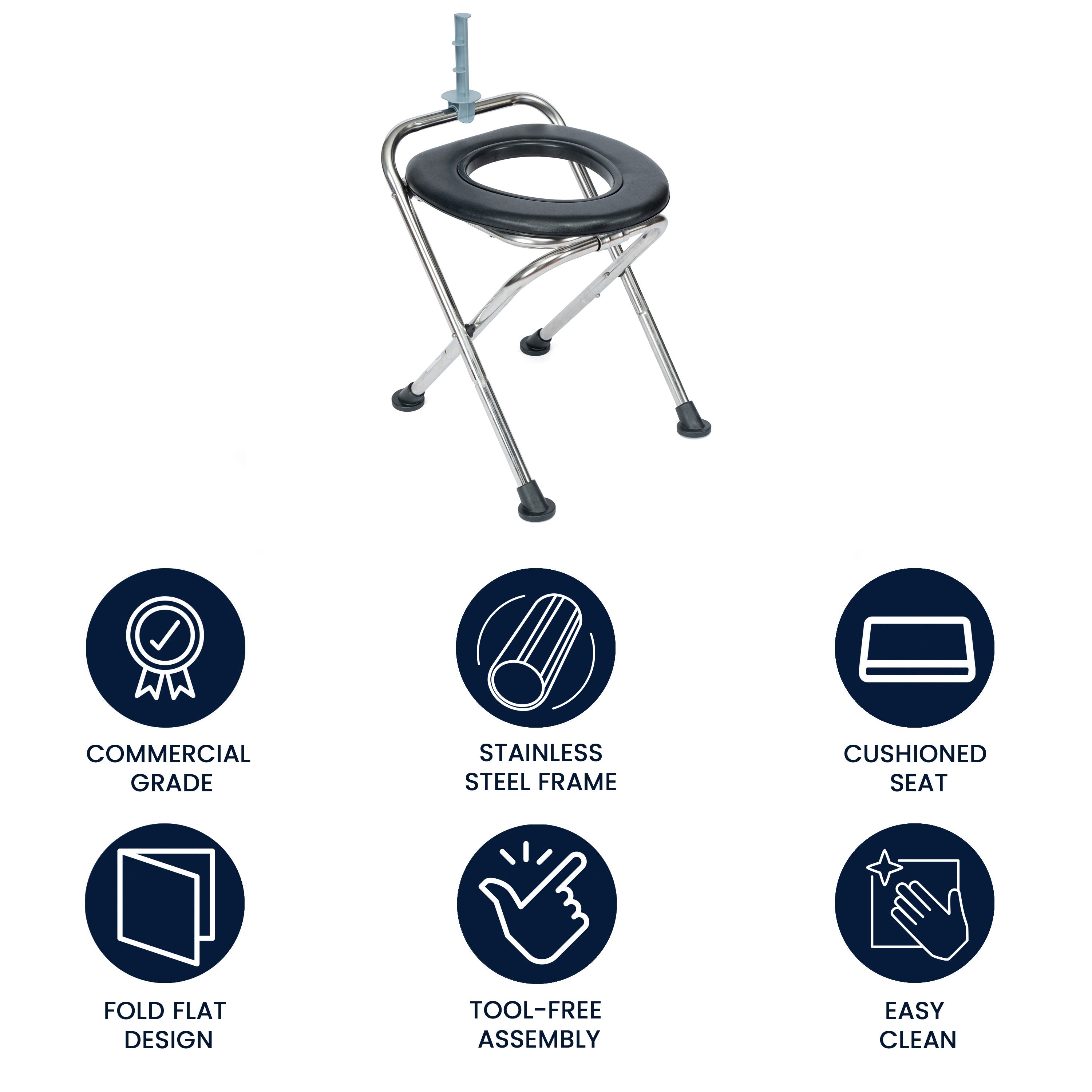 HERCULES Folding Travel Toilet with Toilet Tissue Holder, Cushioned Vinyl Seat, and Stainless Steel Frame with Non-Slip Rubber Feet in Black