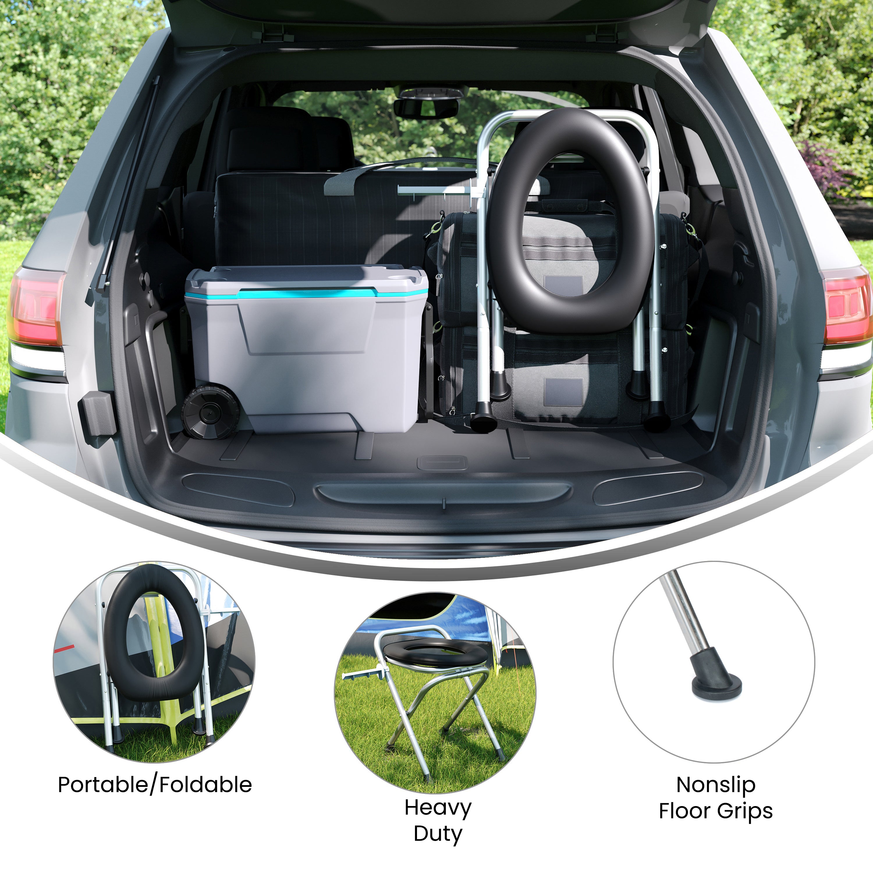 HERCULES Folding Travel Toilet with Toilet Tissue Holder, Cushioned Vinyl Seat, and Stainless Steel Frame with Non-Slip Rubber Feet in Black