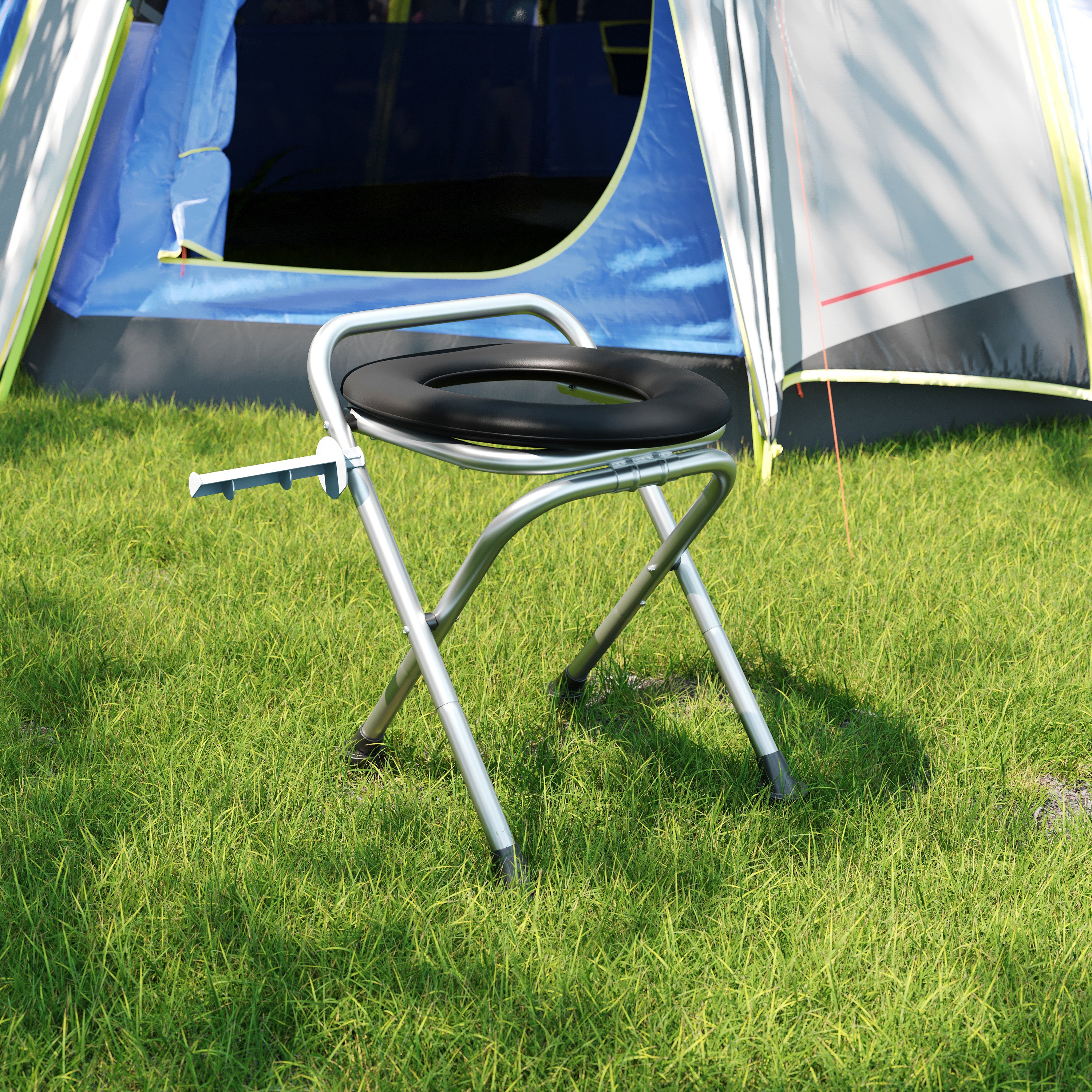 HERCULES Folding Travel Toilet with Toilet Tissue Holder, Cushioned Vinyl Seat, and Stainless Steel Frame with Non-Slip Rubber Feet in Black