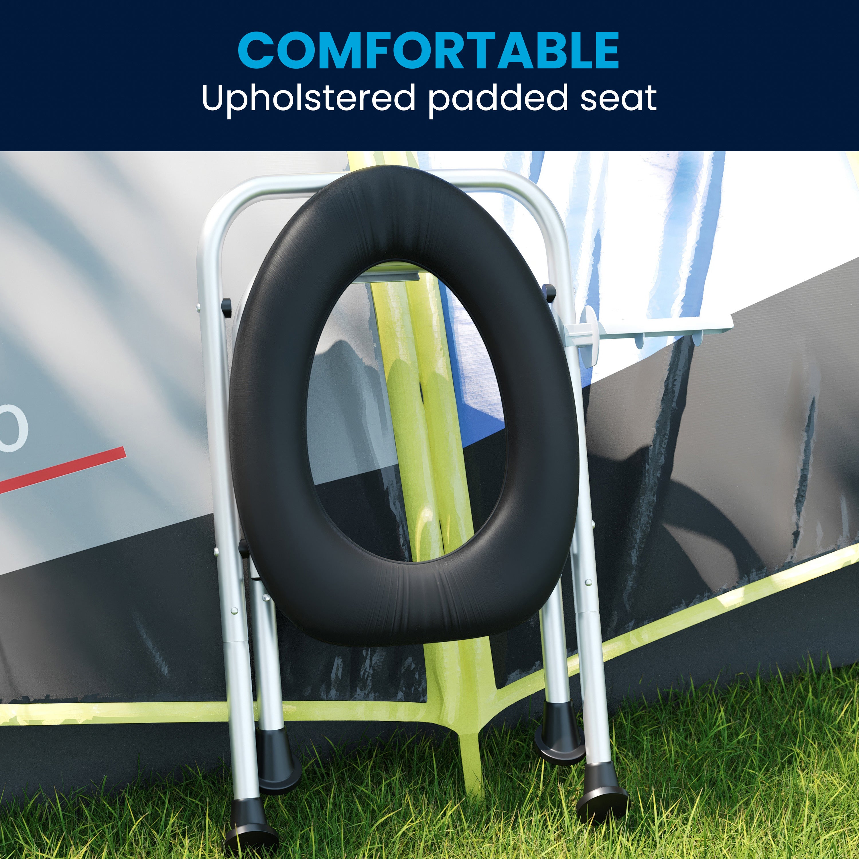 HERCULES Folding Travel Toilet with Toilet Tissue Holder, Cushioned Vinyl Seat, and Stainless Steel Frame with Non-Slip Rubber Feet in Black