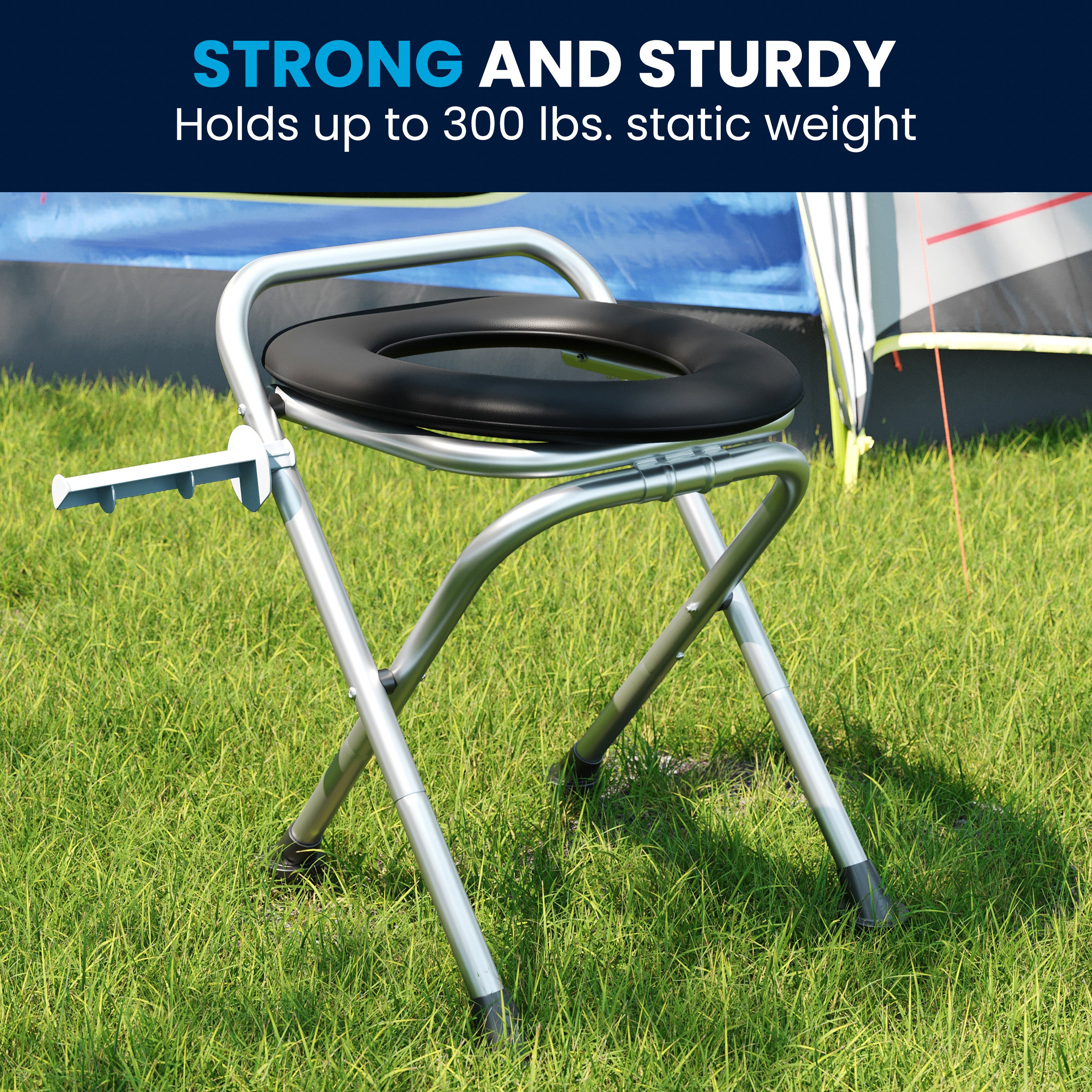 HERCULES Folding Travel Toilet with Toilet Tissue Holder, Cushioned Vinyl Seat, and Stainless Steel Frame with Non-Slip Rubber Feet in Black
