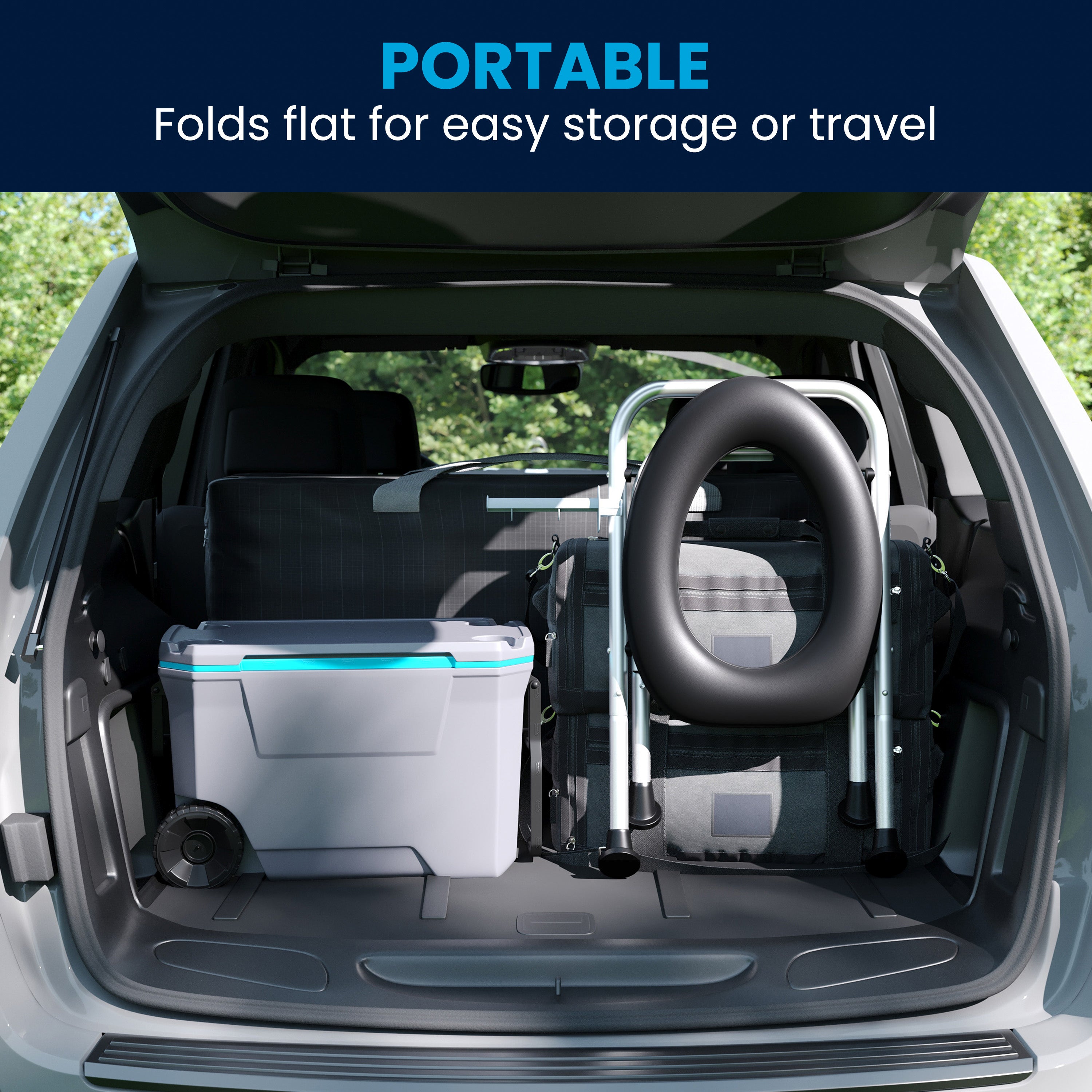 HERCULES Folding Travel Toilet with Toilet Tissue Holder, Cushioned Vinyl Seat, and Stainless Steel Frame with Non-Slip Rubber Feet in Black