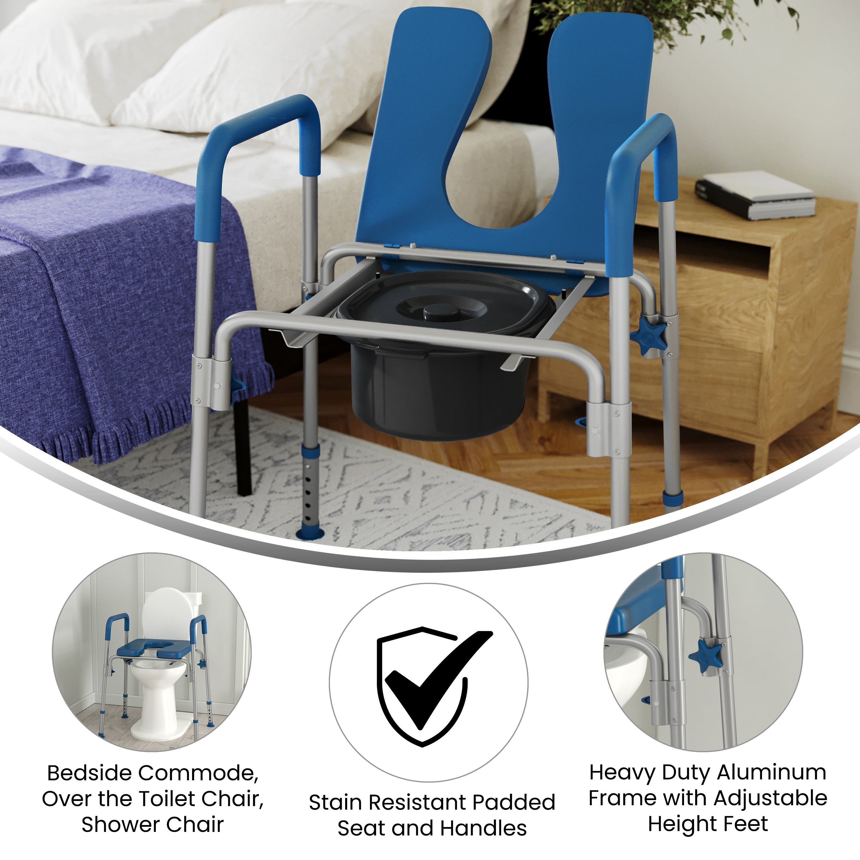 Hercules Blue Shower Commode Chair with Safety Rail, Height Adjustable Frame, Padded Seat & Armrests, Commode Pail with Lid, Fits Most Toilets