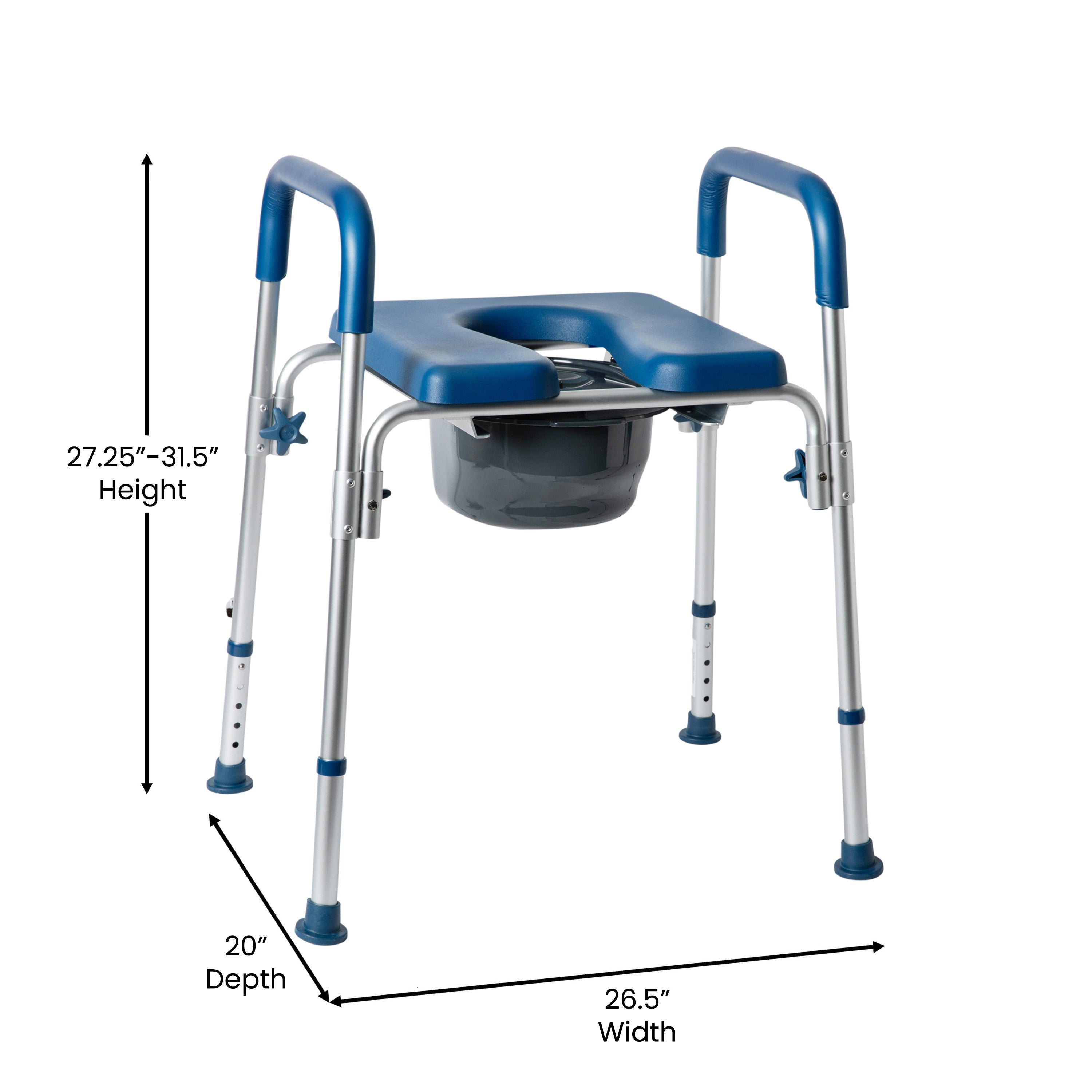 Hercules Blue Shower Commode Chair with Safety Rail, Height Adjustable Frame, Padded Seat & Armrests, Commode Pail with Lid, Fits Most Toilets