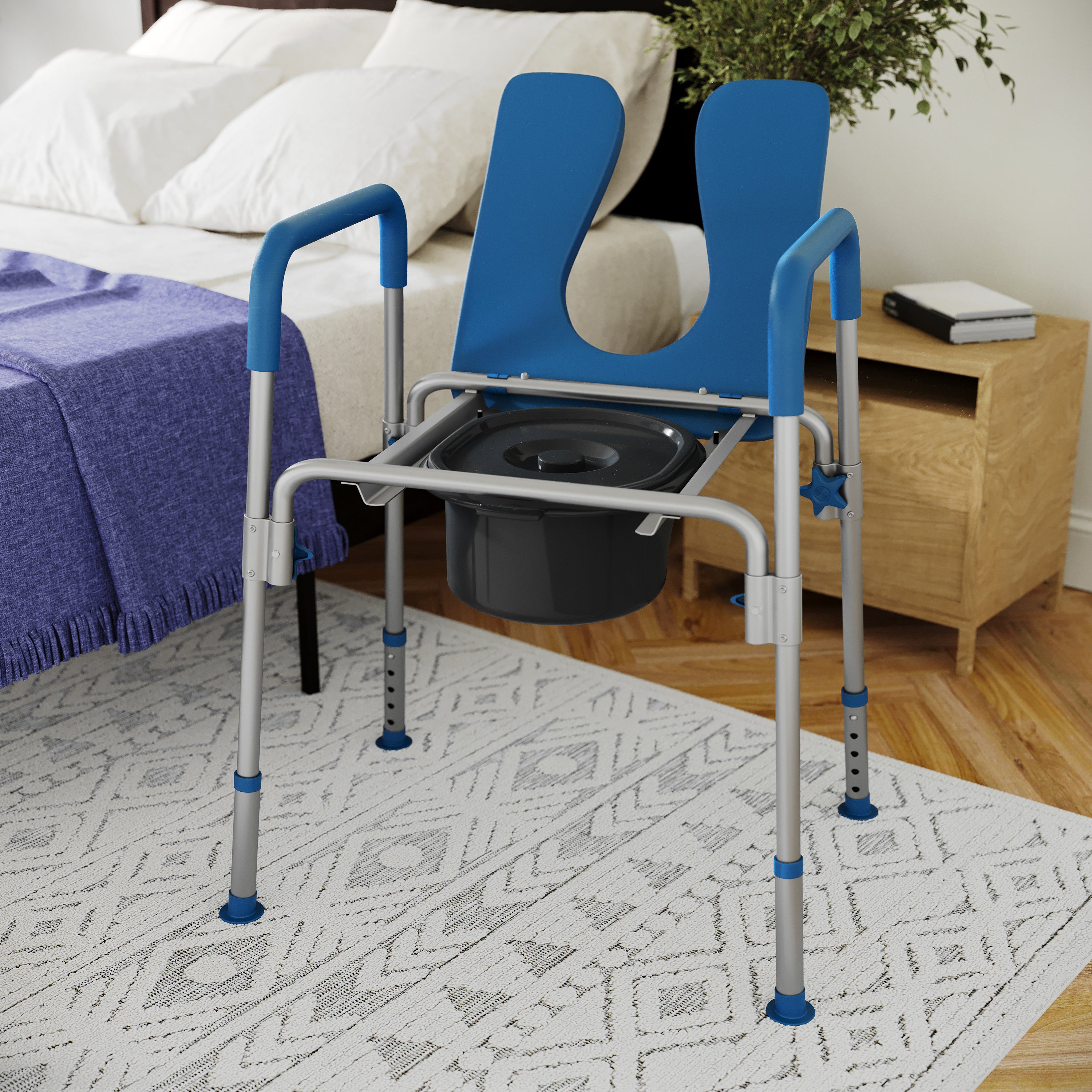 Hercules Blue Shower Commode Chair with Safety Rail, Height Adjustable Frame, Padded Seat & Armrests, Commode Pail with Lid, Fits Most Toilets