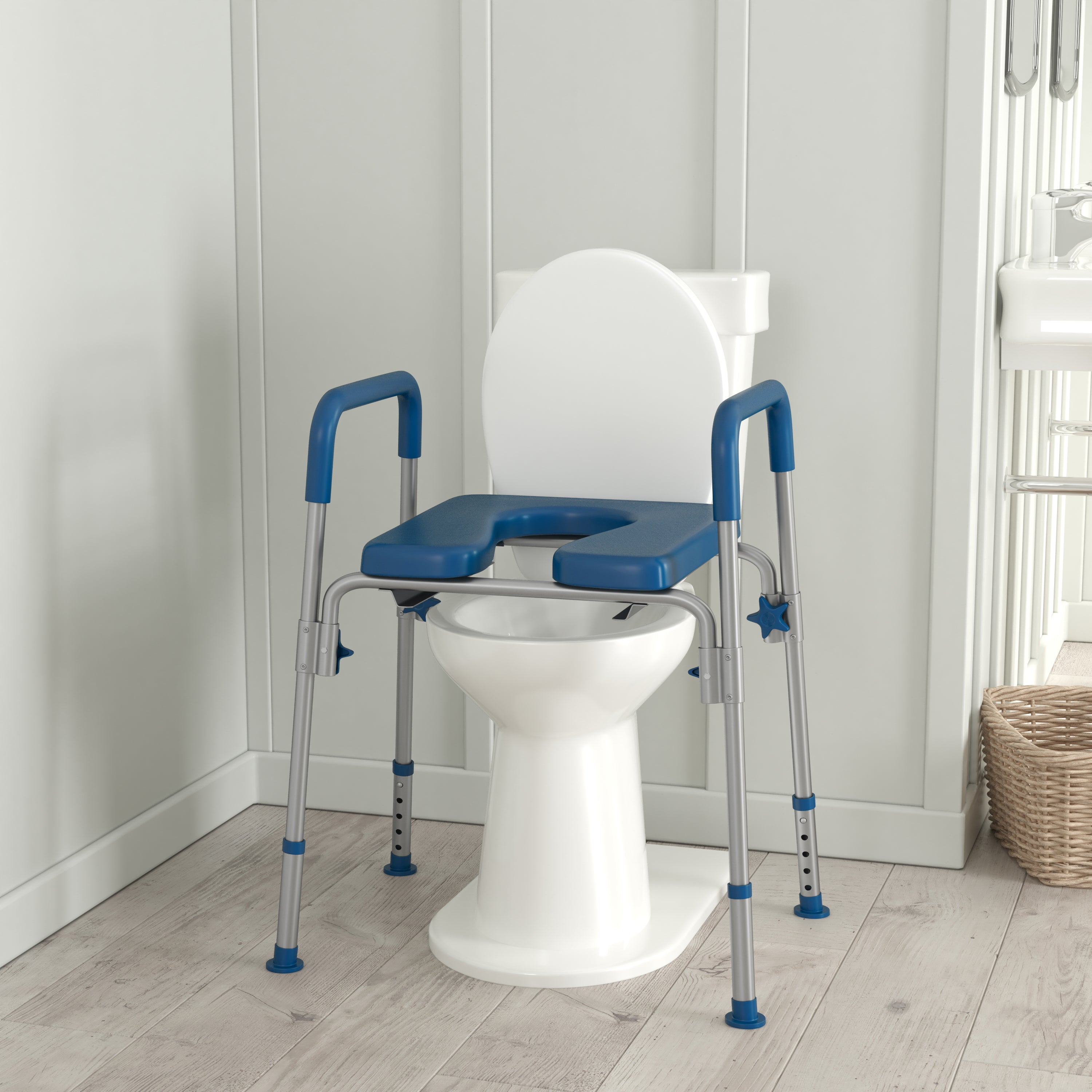 Hercules Blue Shower Commode Chair with Safety Rail, Height Adjustable Frame, Padded Seat & Armrests, Commode Pail with Lid, Fits Most Toilets