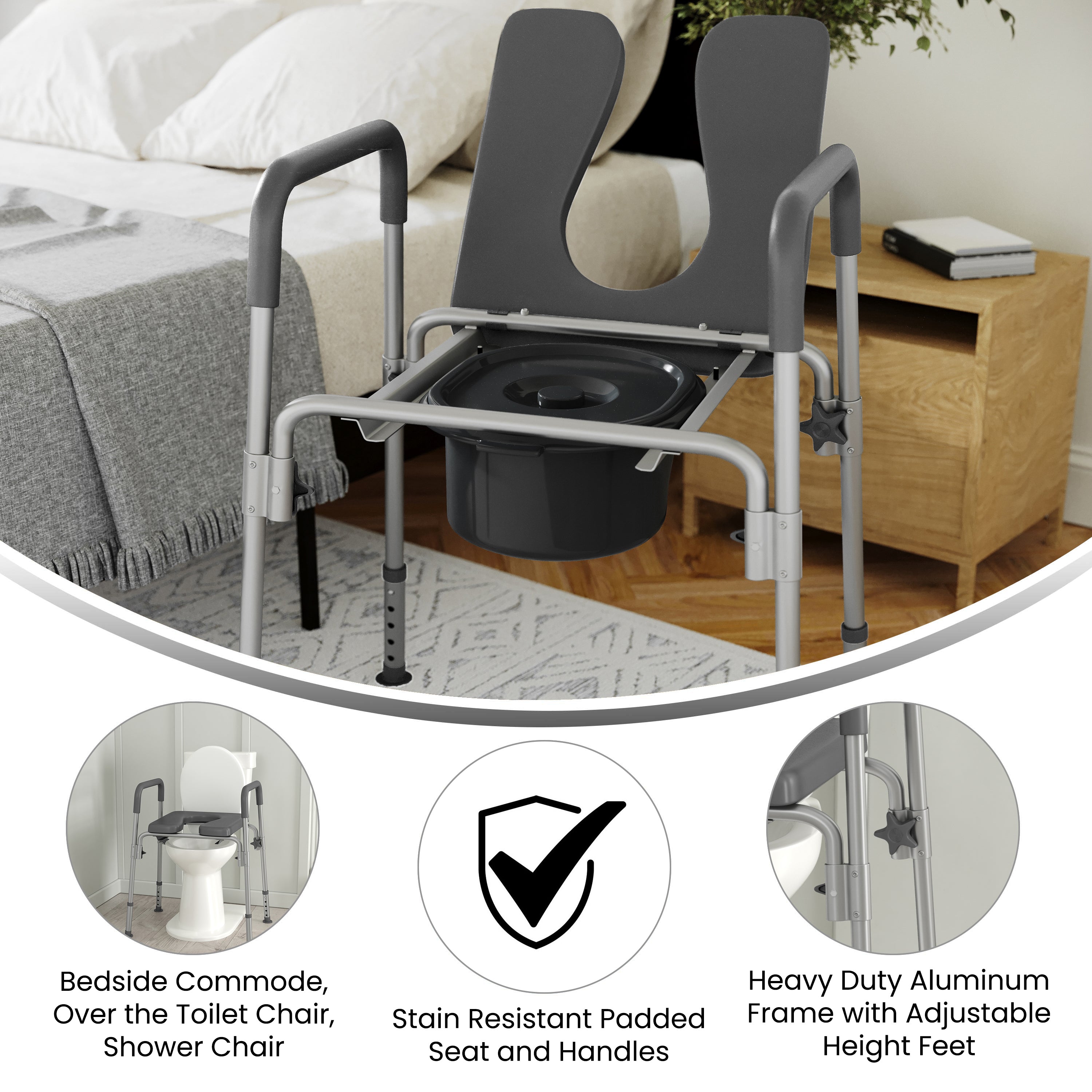 Hercules Gray Shower Commode Chair with Safety Rail, Height Adjustable Frame, Padded Seat & Armrests, Commode Pail with Lid, Fits Most Toilets