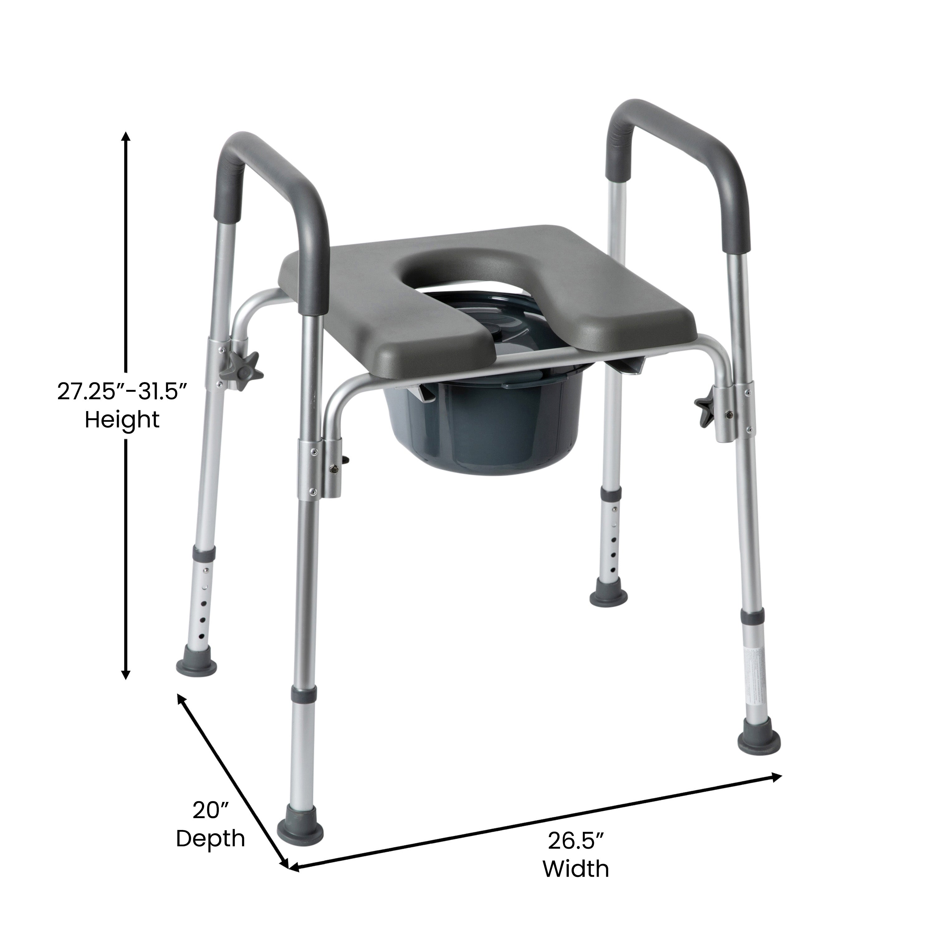 Hercules Gray Shower Commode Chair with Safety Rail, Height Adjustable Frame, Padded Seat & Armrests, Commode Pail with Lid, Fits Most Toilets