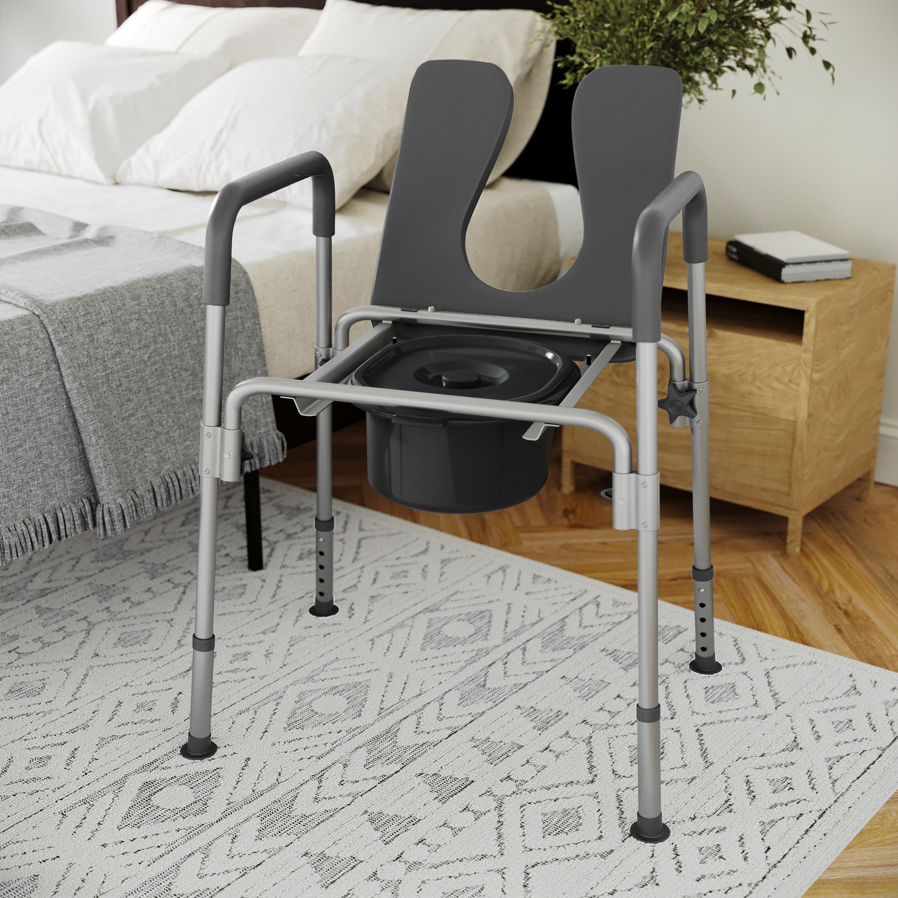 Hercules Gray Shower Commode Chair with Safety Rail, Height Adjustable Frame, Padded Seat & Armrests, Commode Pail with Lid, Fits Most Toilets