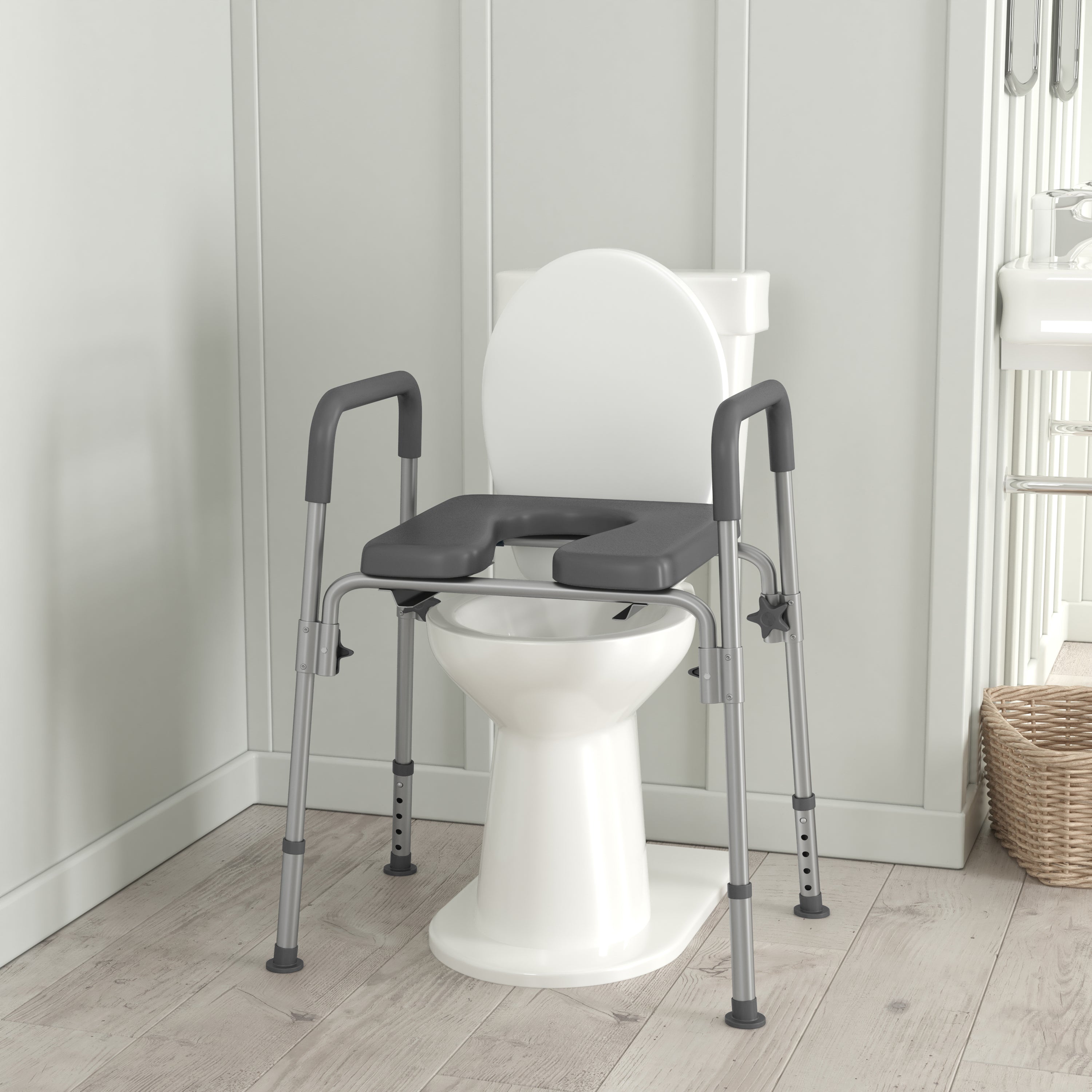 Hercules Gray Shower Commode Chair with Safety Rail, Height Adjustable Frame, Padded Seat & Armrests, Commode Pail with Lid, Fits Most Toilets
