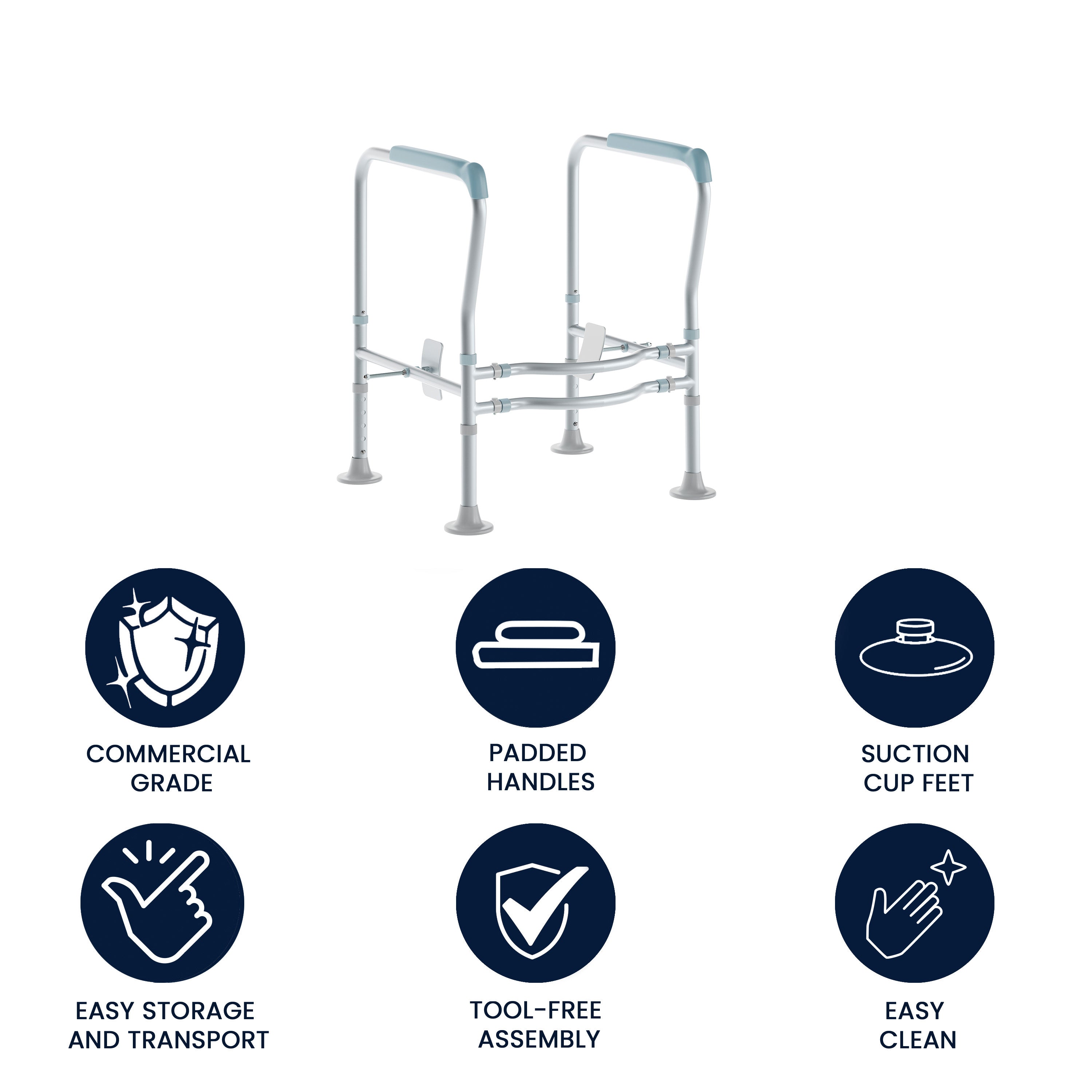 HERCULES Adjustable Toilet Safety Rail with Silver Steel Frame, Gray Padded Handles and Suction Cup Feet for Stability