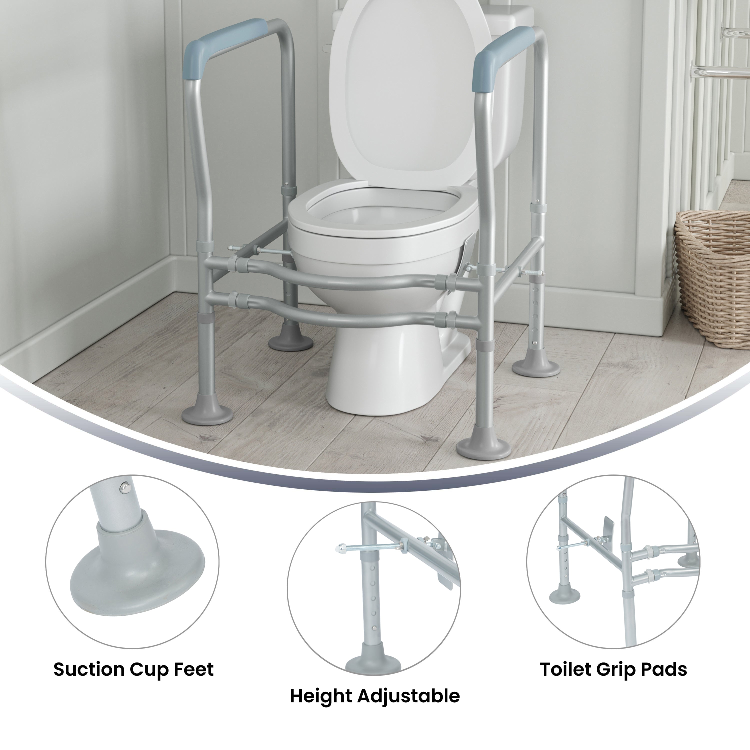 HERCULES Adjustable Toilet Safety Rail with Silver Steel Frame, Gray Padded Handles and Suction Cup Feet for Stability