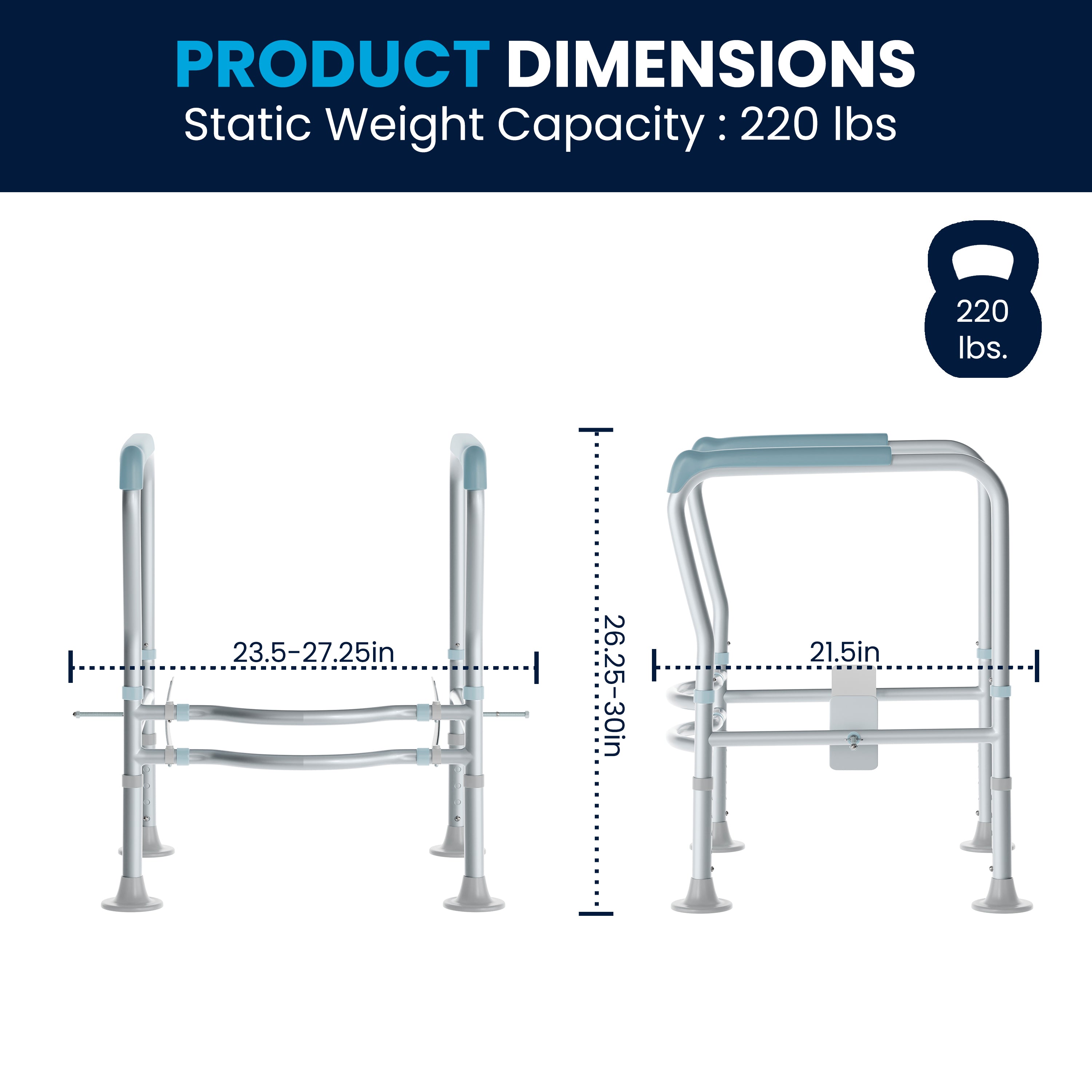 HERCULES Adjustable Toilet Safety Rail with Silver Steel Frame, Gray Padded Handles and Suction Cup Feet for Stability