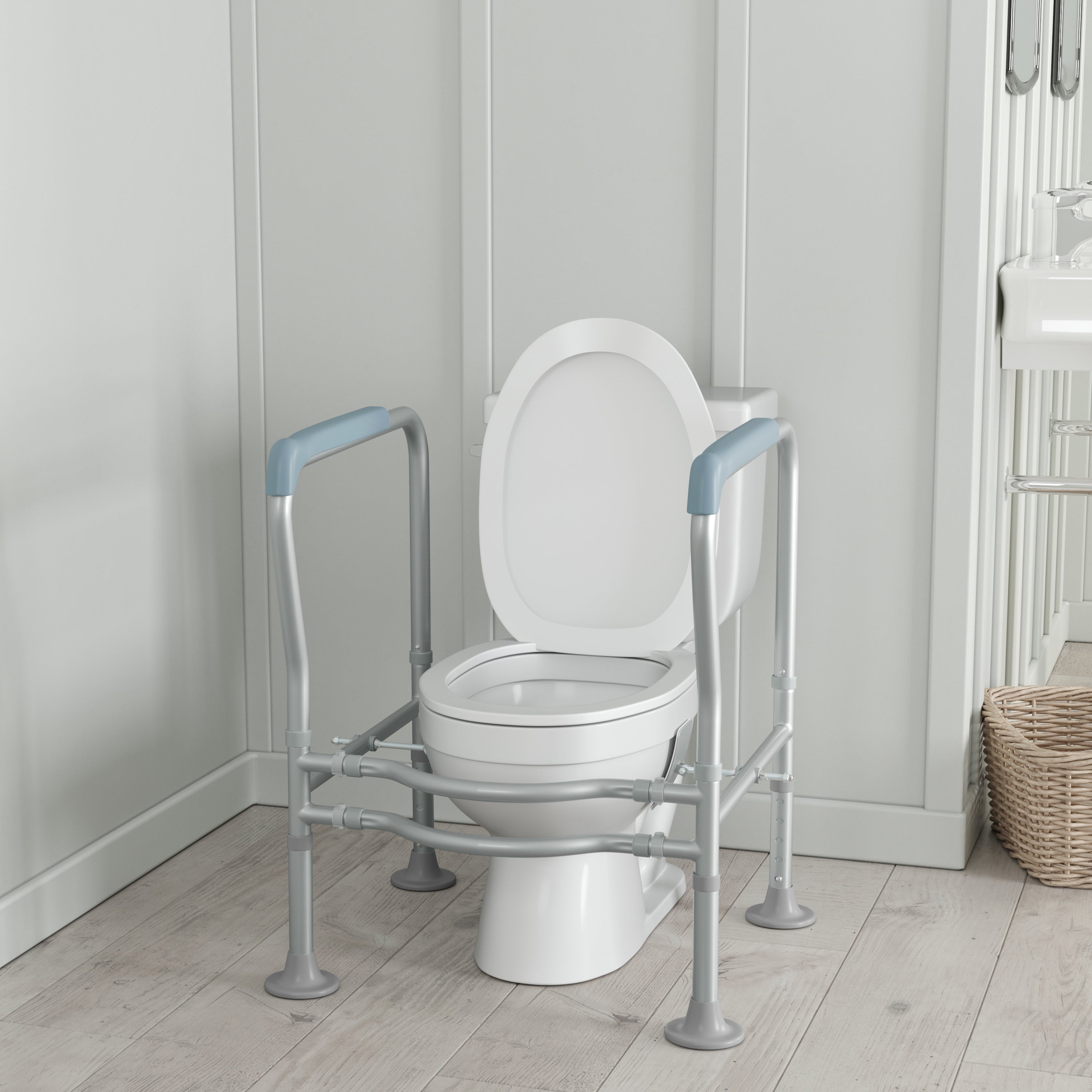HERCULES Adjustable Toilet Safety Rail with Silver Steel Frame, Gray Padded Handles and Suction Cup Feet for Stability