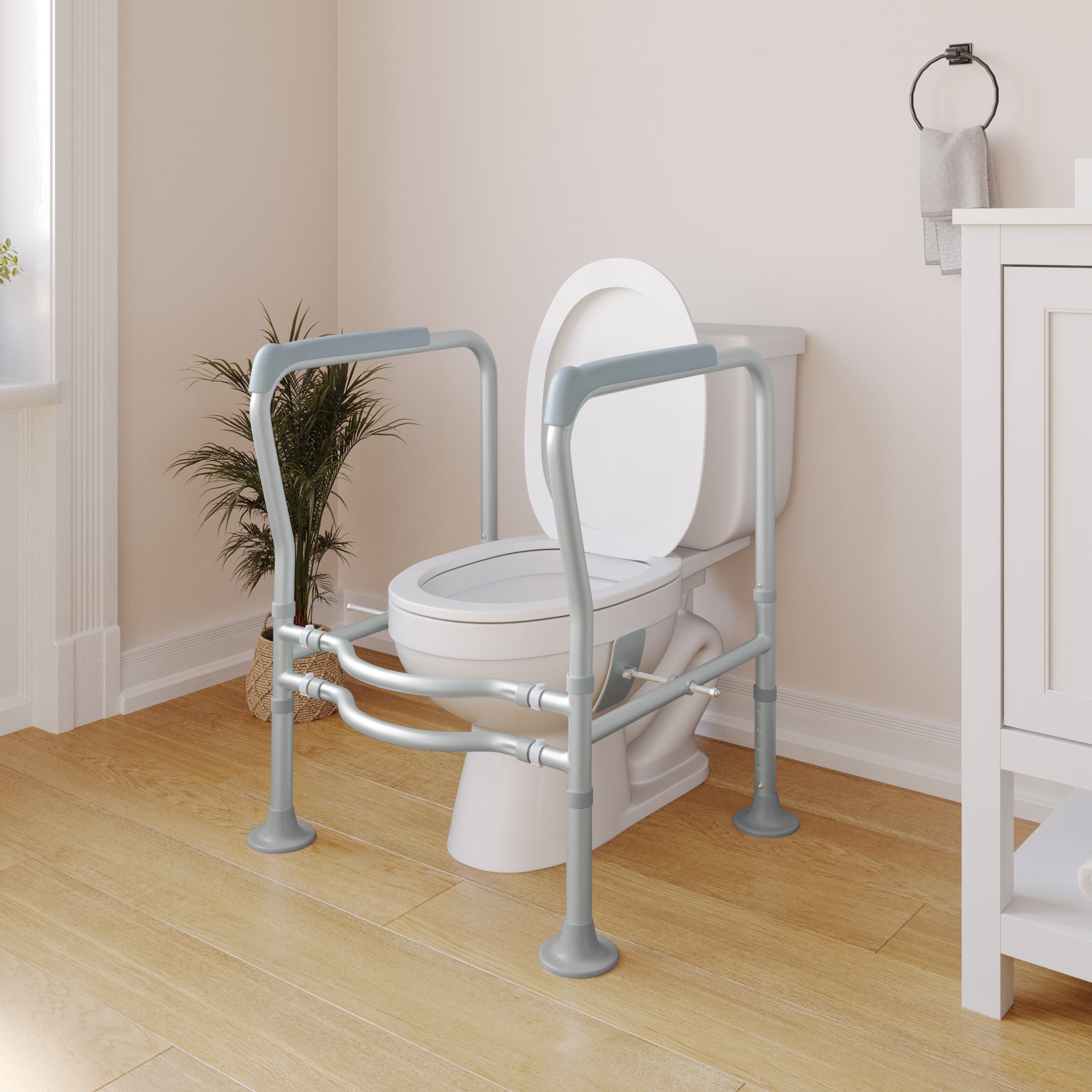 HERCULES Adjustable Toilet Safety Rail with Silver Steel Frame, Gray Padded Handles and Suction Cup Feet for Stability