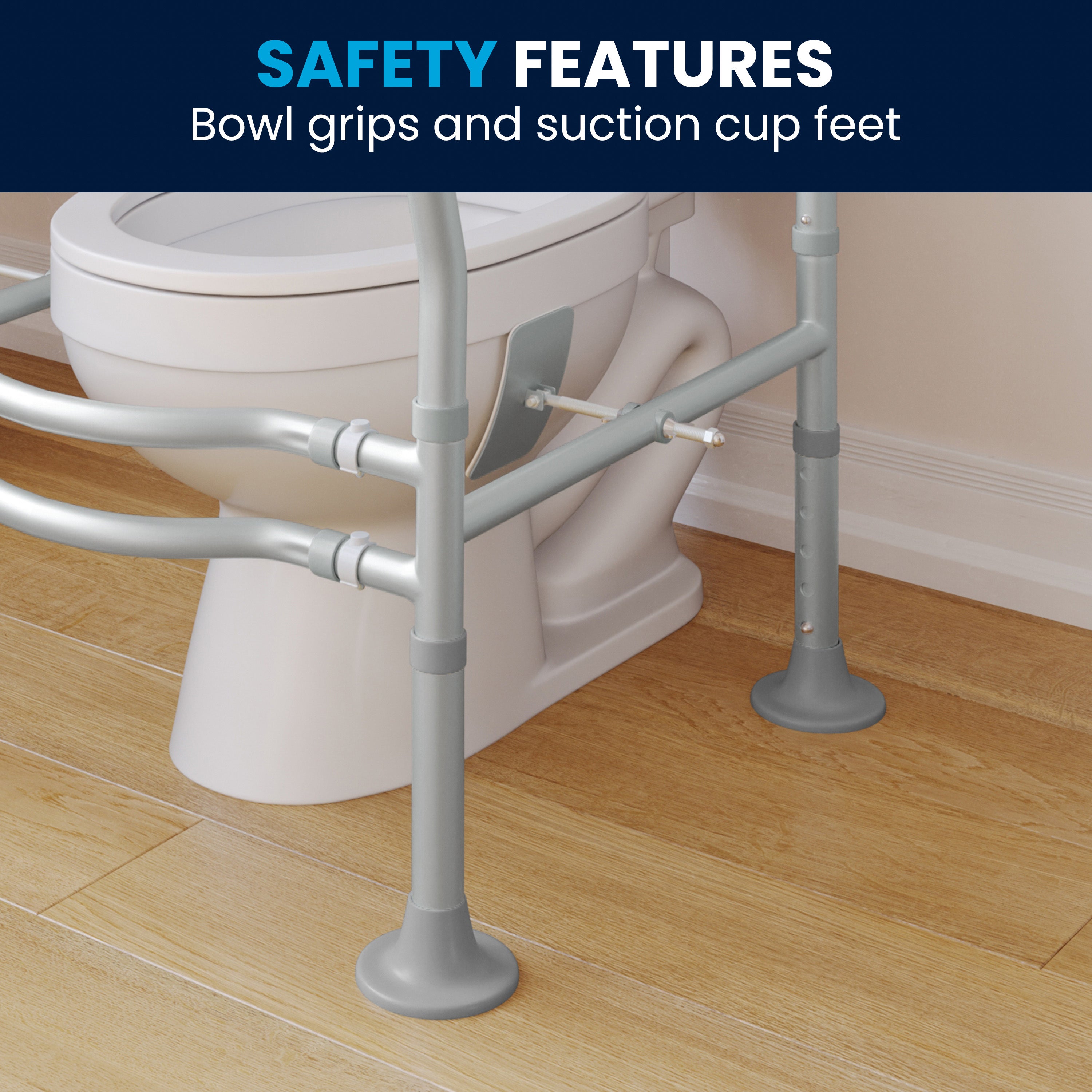HERCULES Adjustable Toilet Safety Rail with Silver Steel Frame, Gray Padded Handles and Suction Cup Feet for Stability