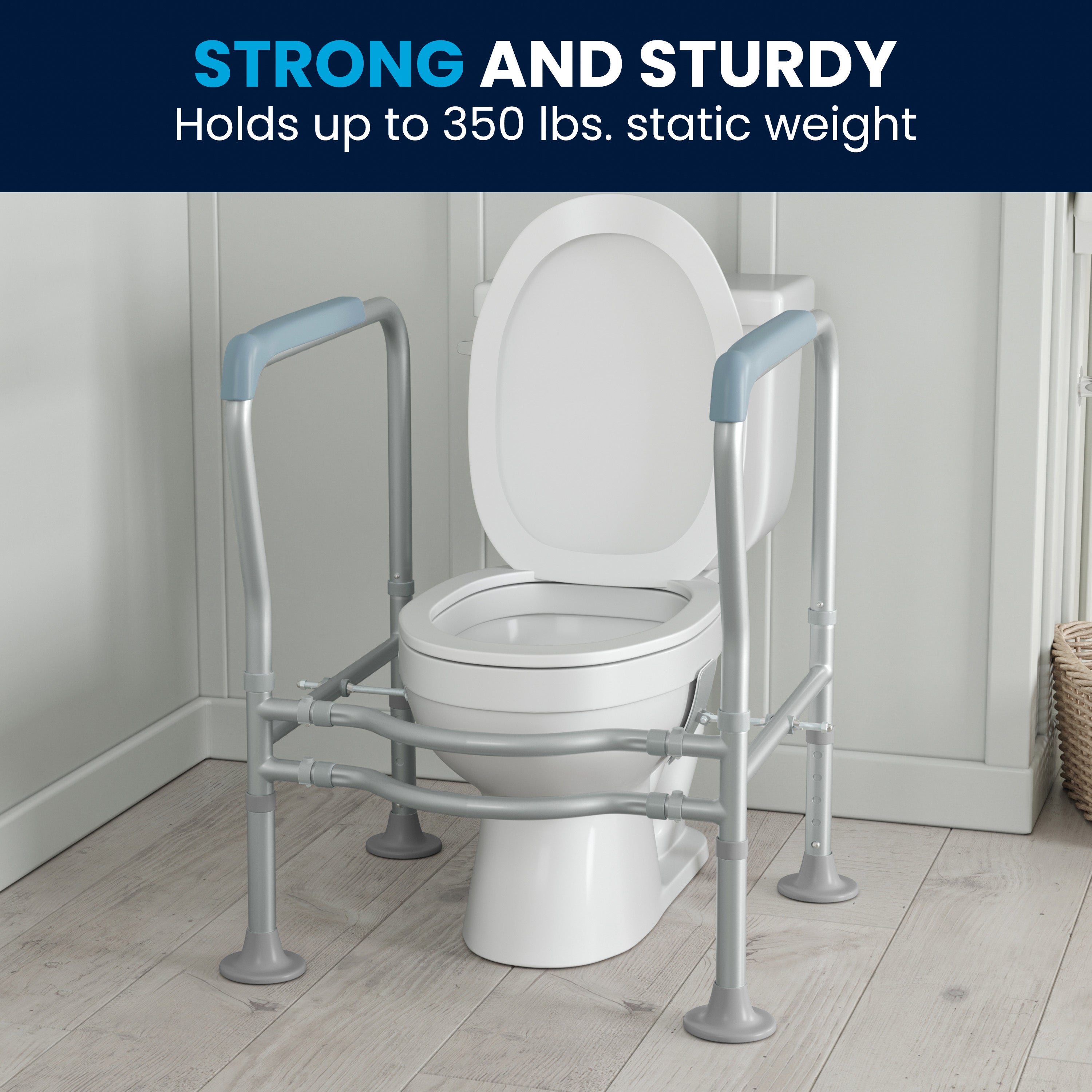 HERCULES Adjustable Toilet Safety Rail with Silver Steel Frame, Gray Padded Handles and Suction Cup Feet for Stability
