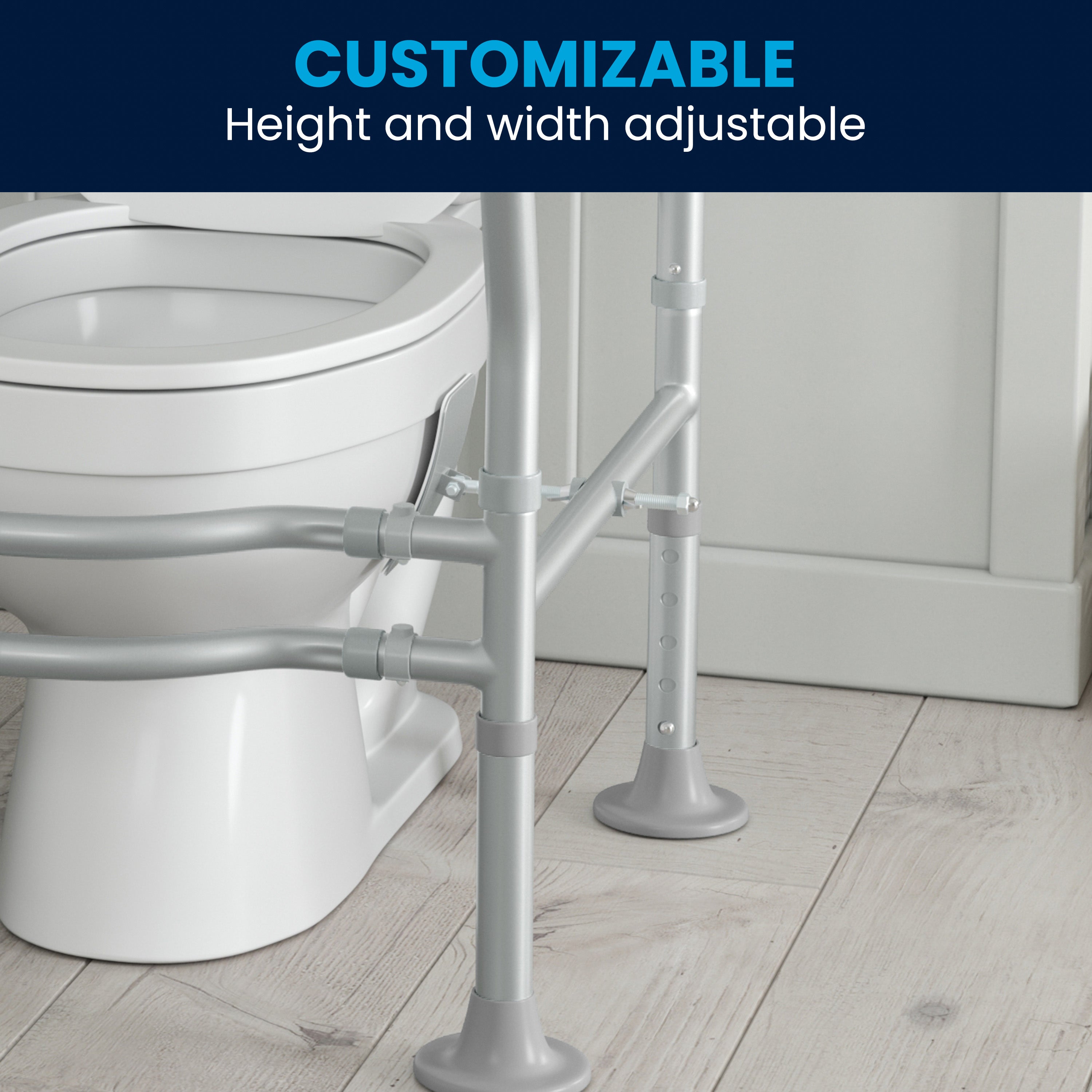 HERCULES Adjustable Toilet Safety Rail with Silver Steel Frame, Gray Padded Handles and Suction Cup Feet for Stability