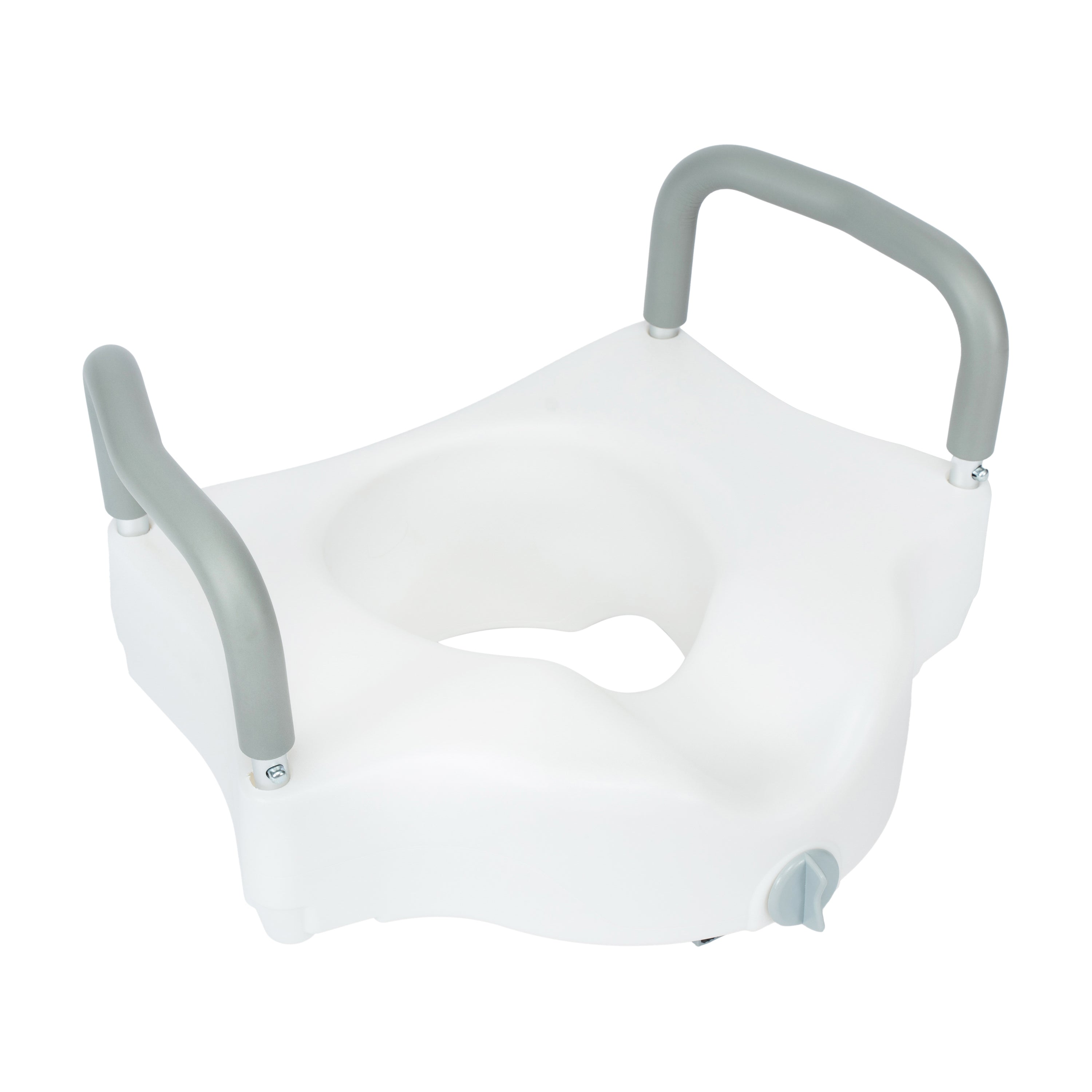HERCULES White Elevated Toilet Seat with Height Adjustable Padded Arms and Locking Safety Mechanism