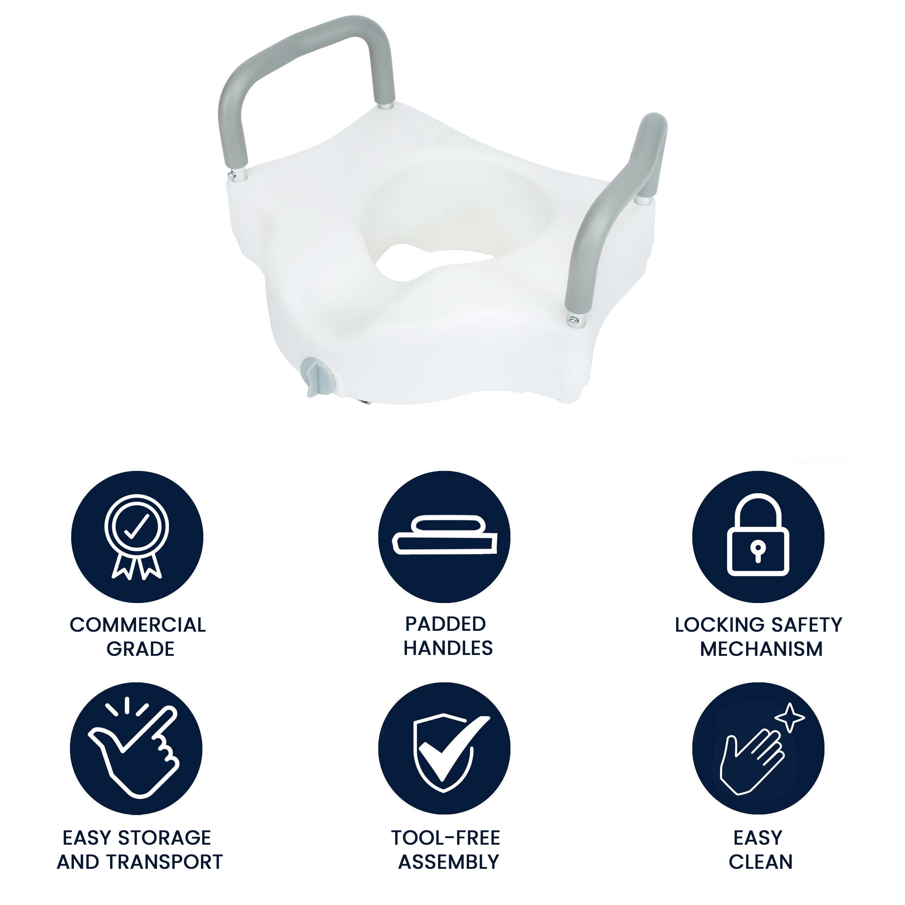 HERCULES White Elevated Toilet Seat with Height Adjustable Padded Arms and Locking Safety Mechanism