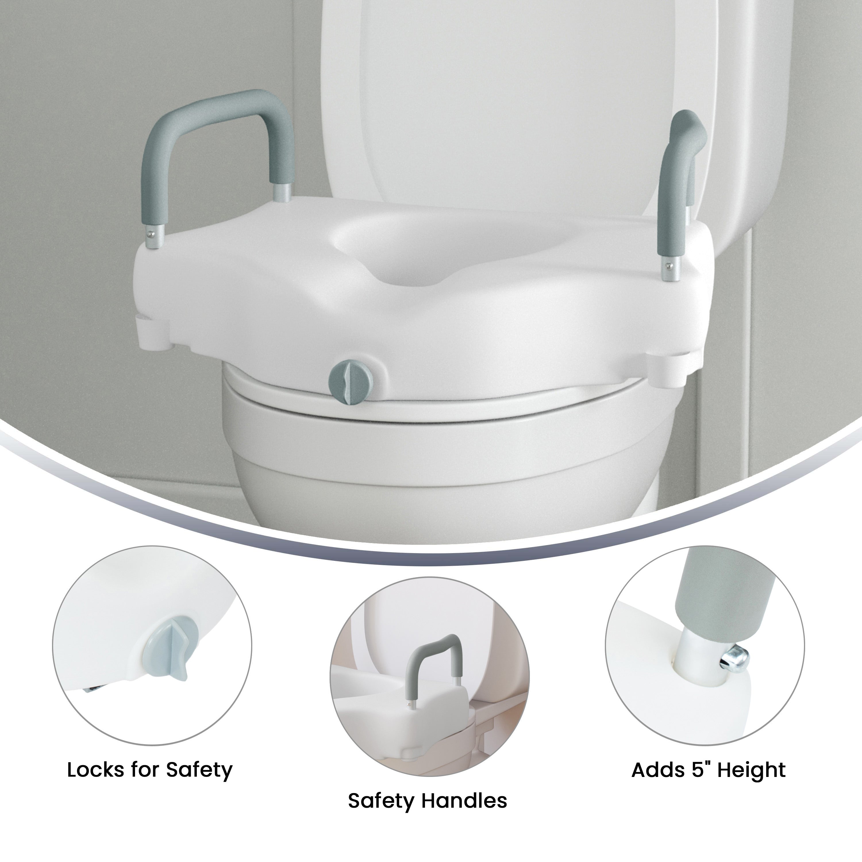 HERCULES White Elevated Toilet Seat with Height Adjustable Padded Arms and Locking Safety Mechanism