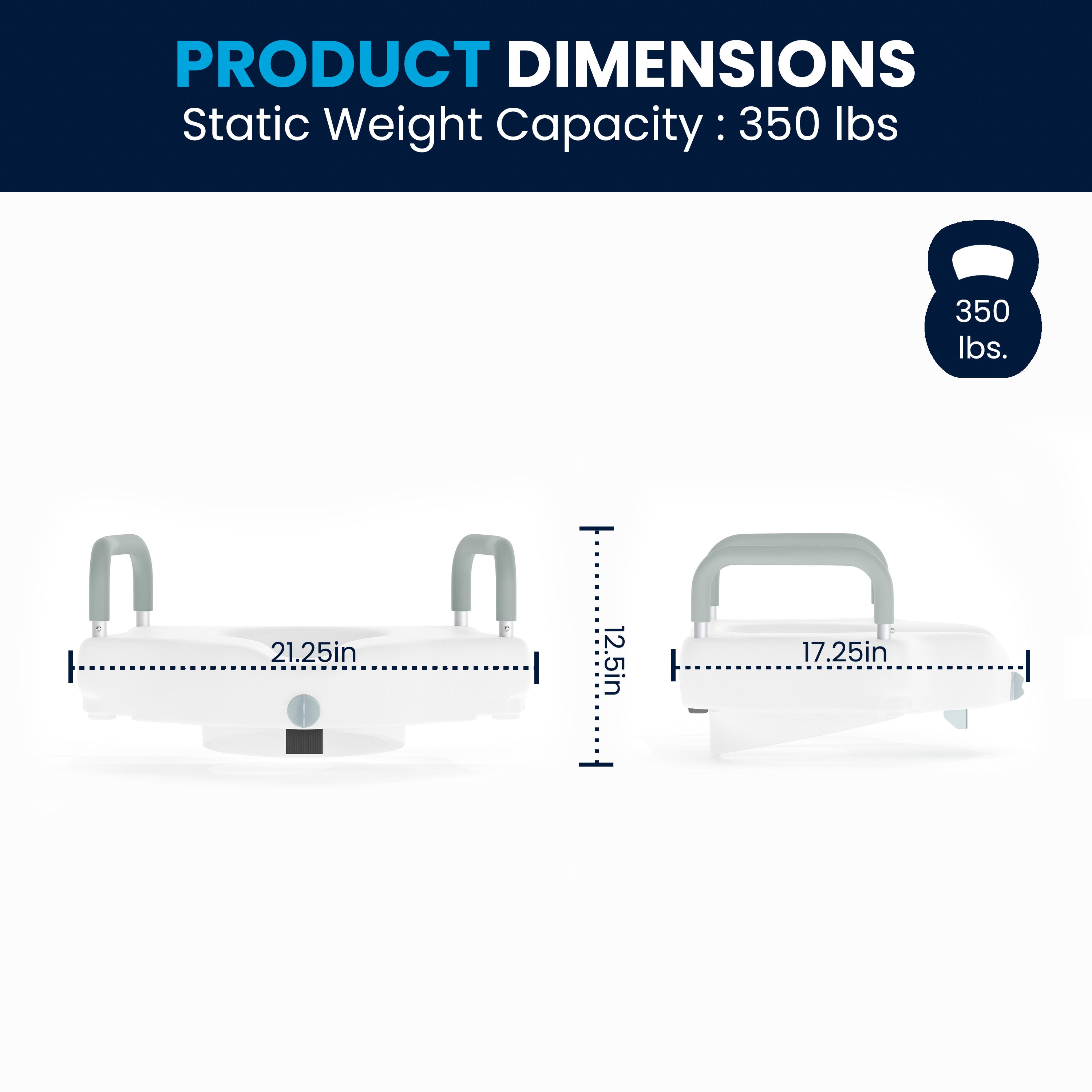 HERCULES White Elevated Toilet Seat with Height Adjustable Padded Arms and Locking Safety Mechanism