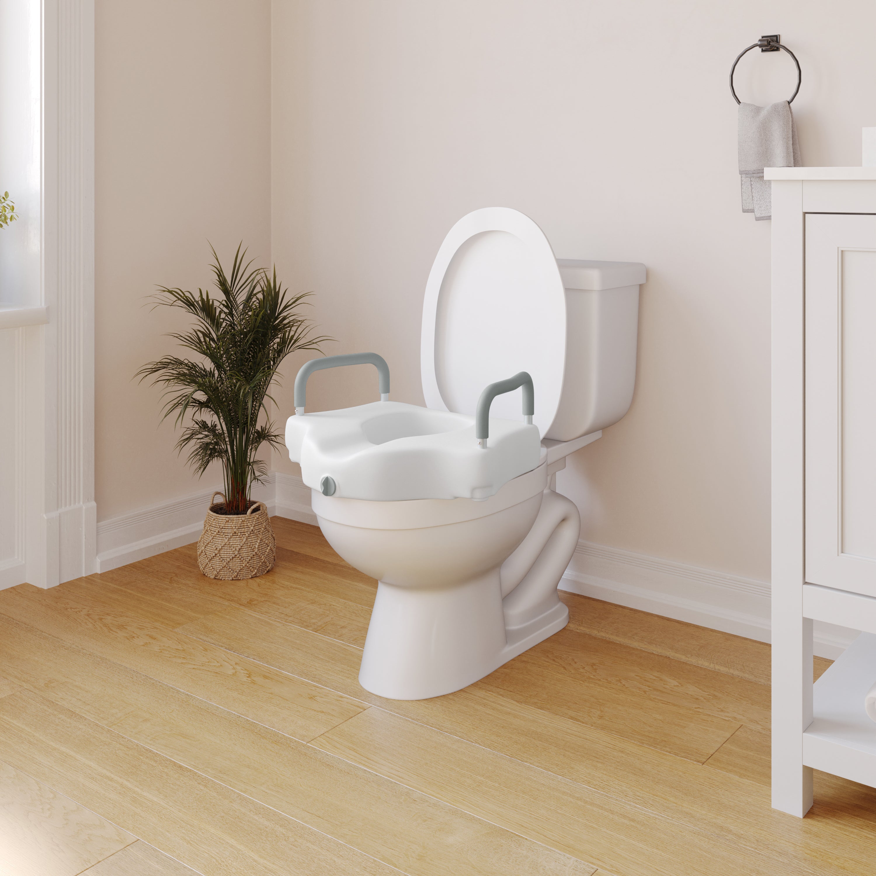HERCULES White Elevated Toilet Seat with Height Adjustable Padded Arms and Locking Safety Mechanism