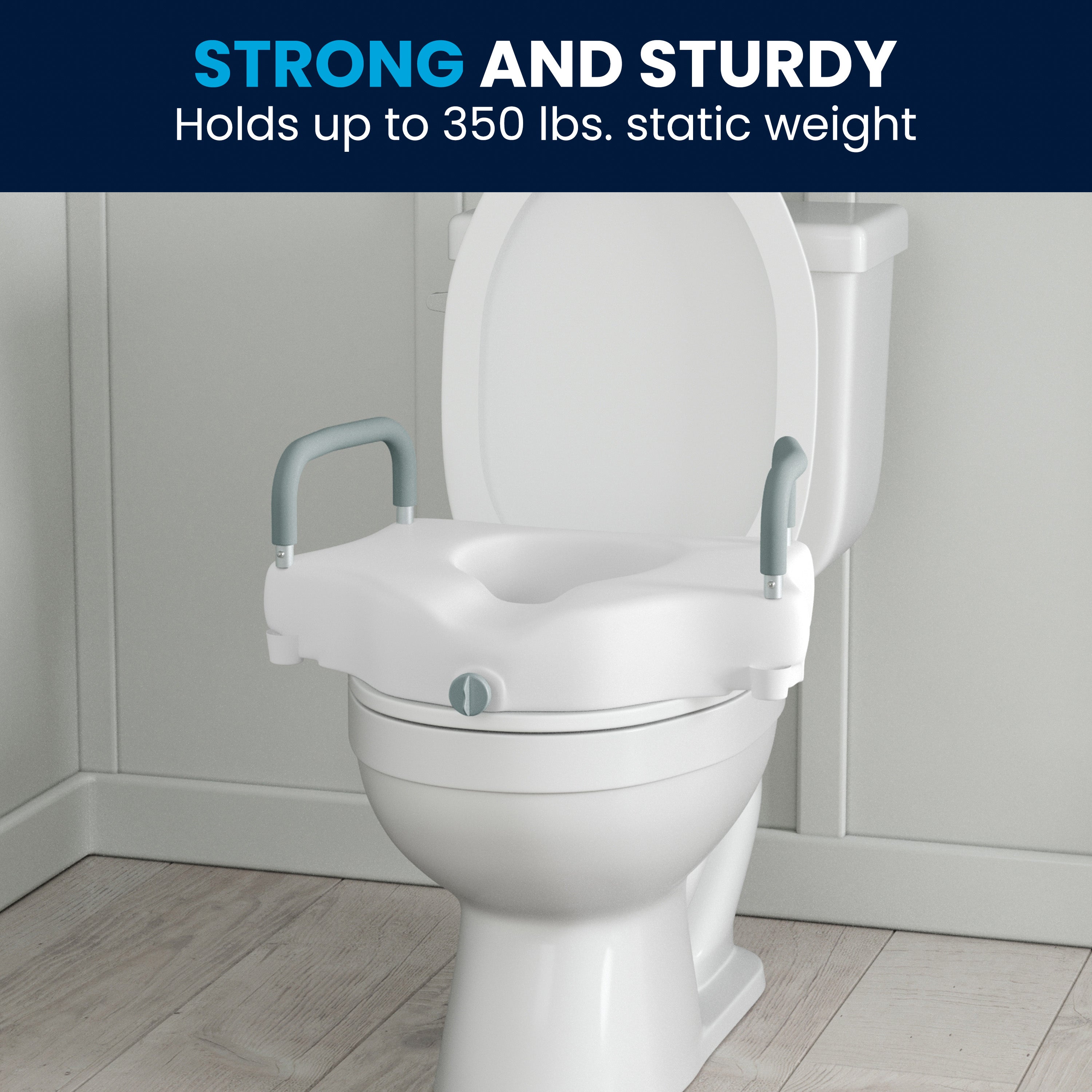 HERCULES White Elevated Toilet Seat with Height Adjustable Padded Arms and Locking Safety Mechanism
