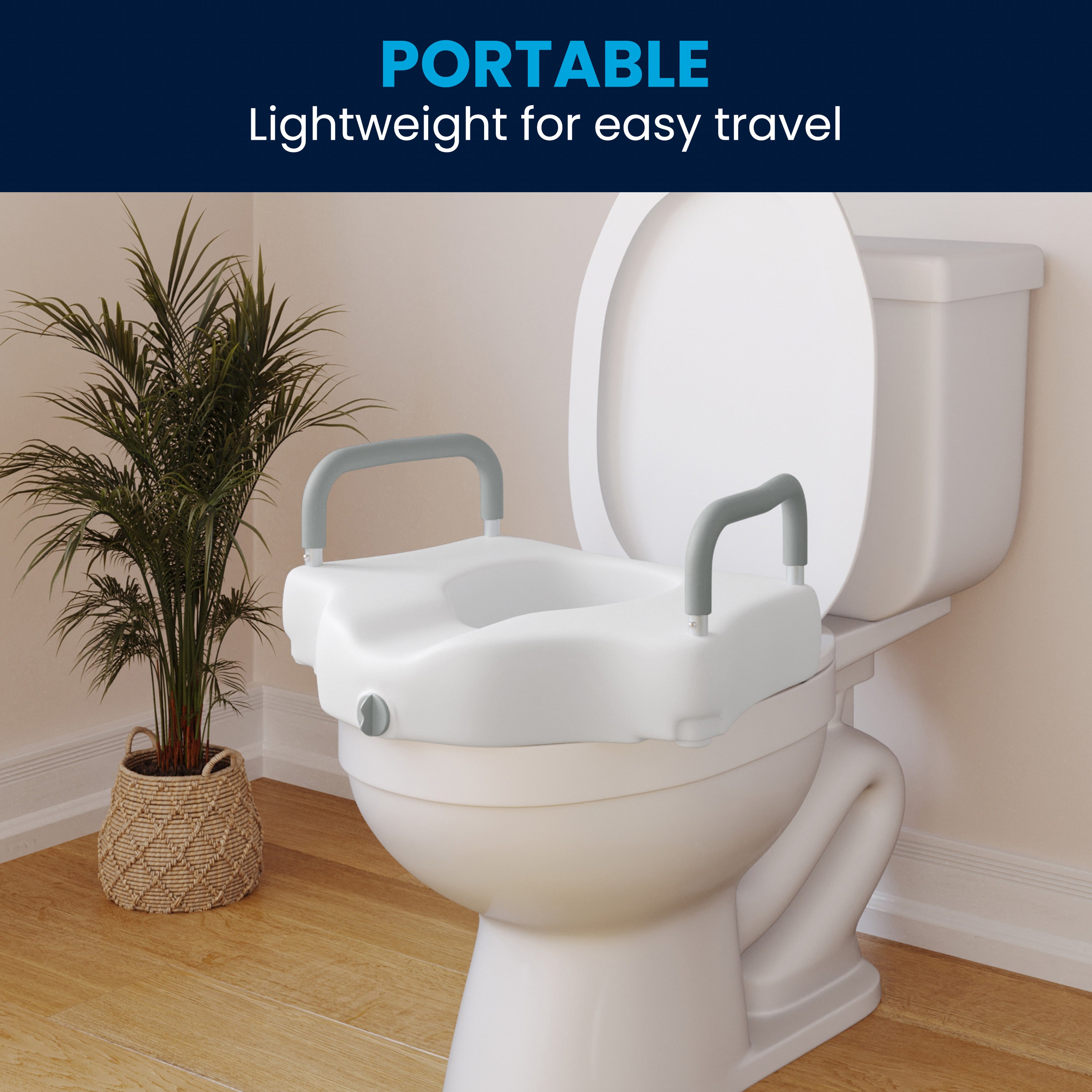 HERCULES White Elevated Toilet Seat with Height Adjustable Padded Arms and Locking Safety Mechanism