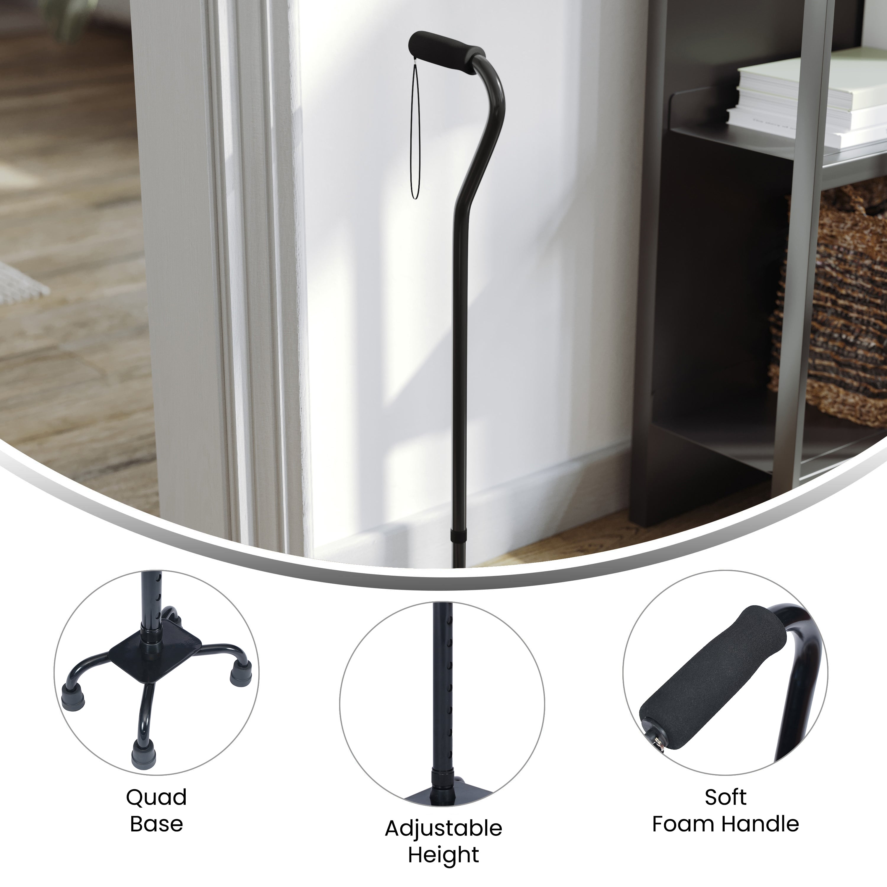 HERCULES Adjustable Quad Cane with Comfort Grip Foam Padded Handle, Large 4-Pronged Base for Stability, and Left or Right Handed Use in Black