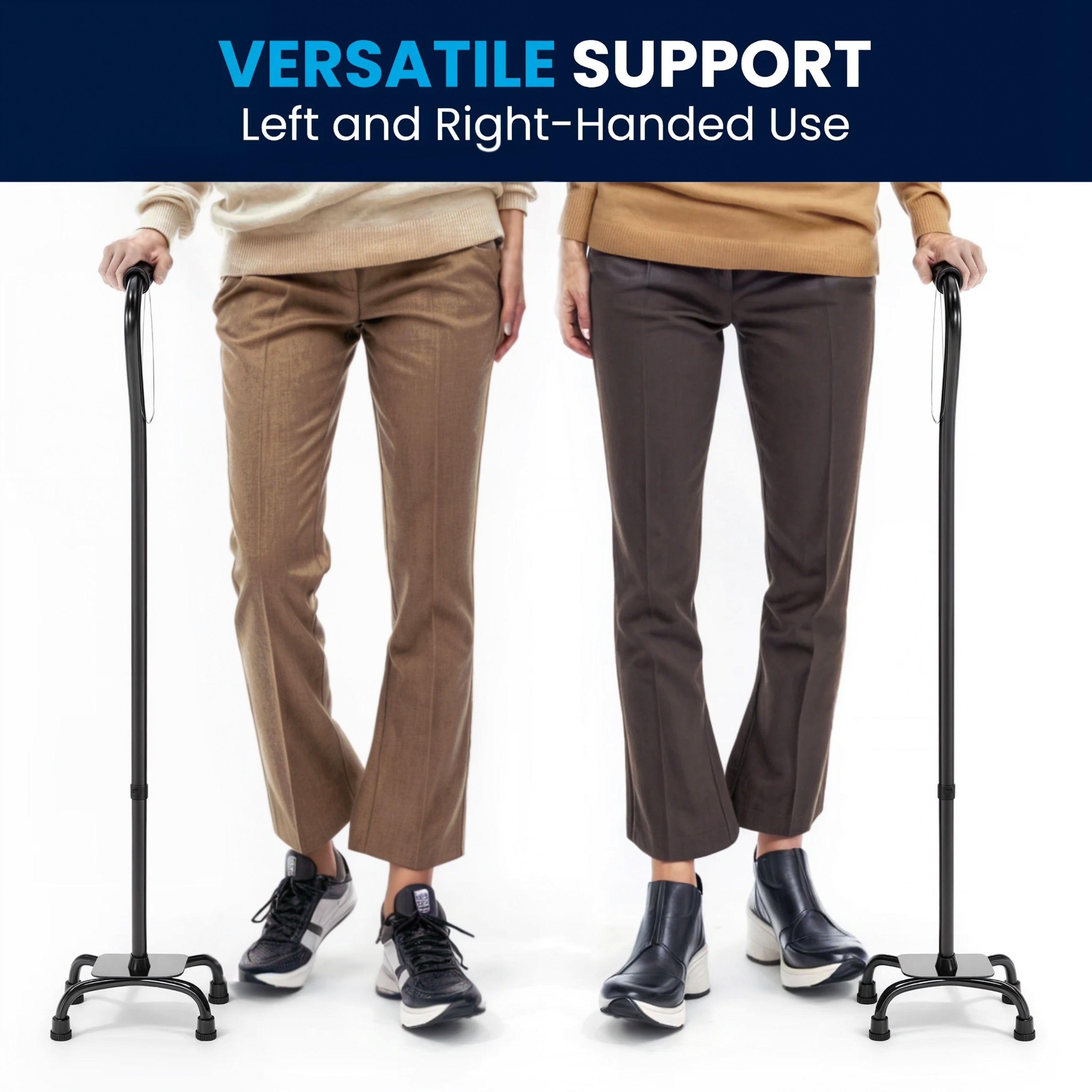 HERCULES Adjustable Quad Cane with Comfort Grip Foam Padded Handle, Large 4-Pronged Base for Stability, and Left or Right Handed Use in Black