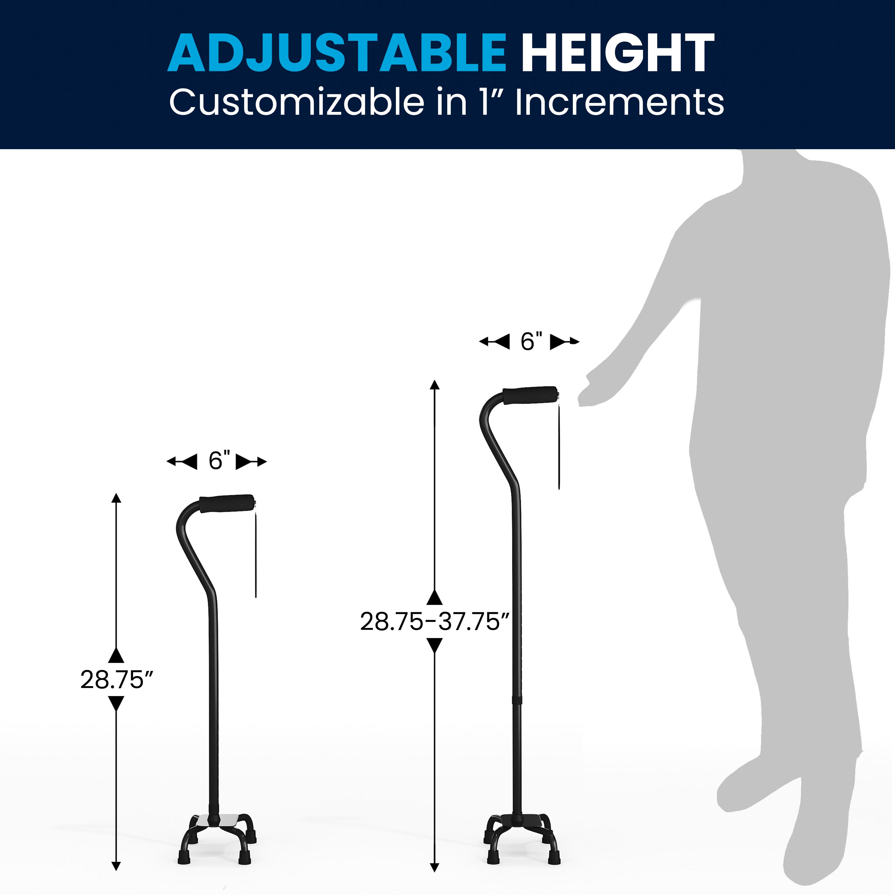 HERCULES Adjustable Quad Cane with Comfort Grip Foam Padded Handle, Large 4-Pronged Base for Stability, and Left or Right Handed Use in Black