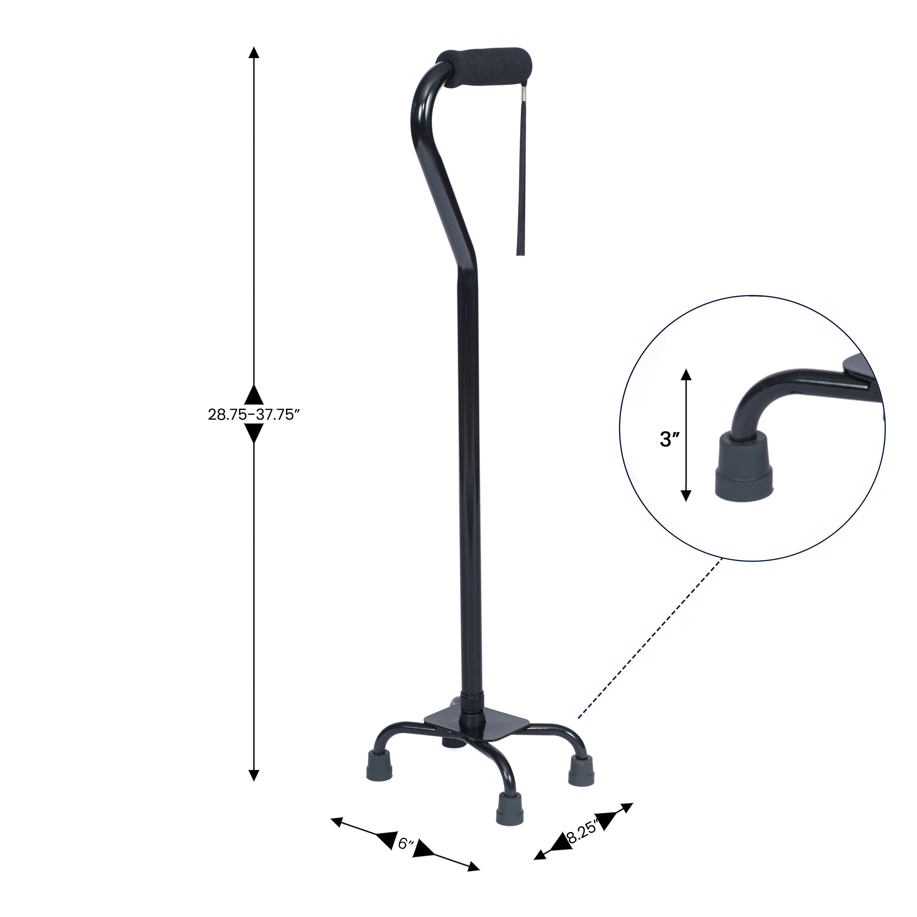 HERCULES Adjustable Quad Cane with Comfort Grip Foam Padded Handle, Large 4-Pronged Base for Stability, and Left or Right Handed Use in Black