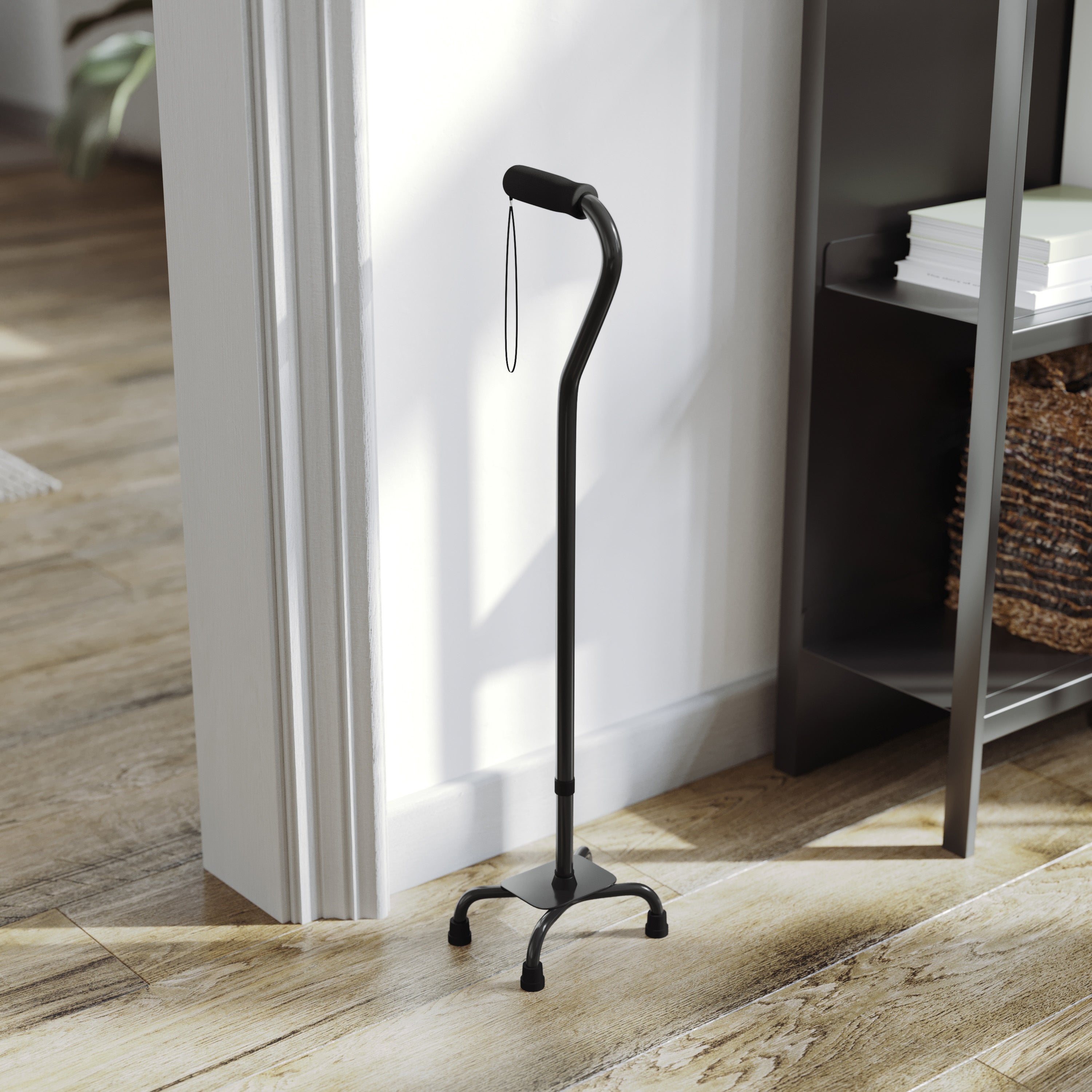 HERCULES Adjustable Quad Cane with Comfort Grip Foam Padded Handle, Large 4-Pronged Base for Stability, and Left or Right Handed Use in Black